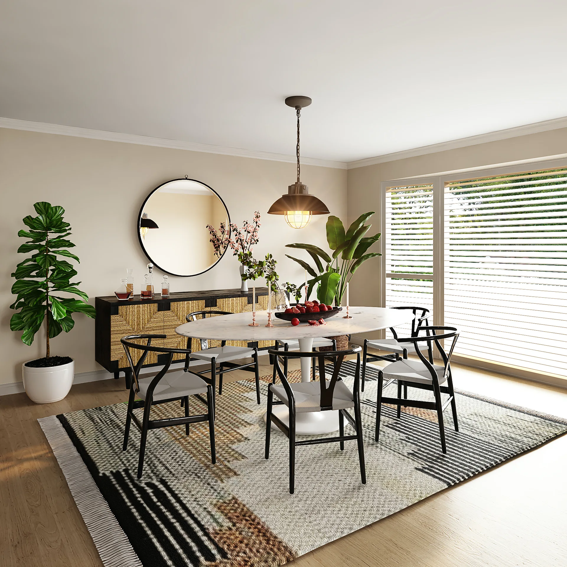 A dining room features an oval white table surrounded by black chairs on a patterned rug near a rattan sideboard and round mirror.