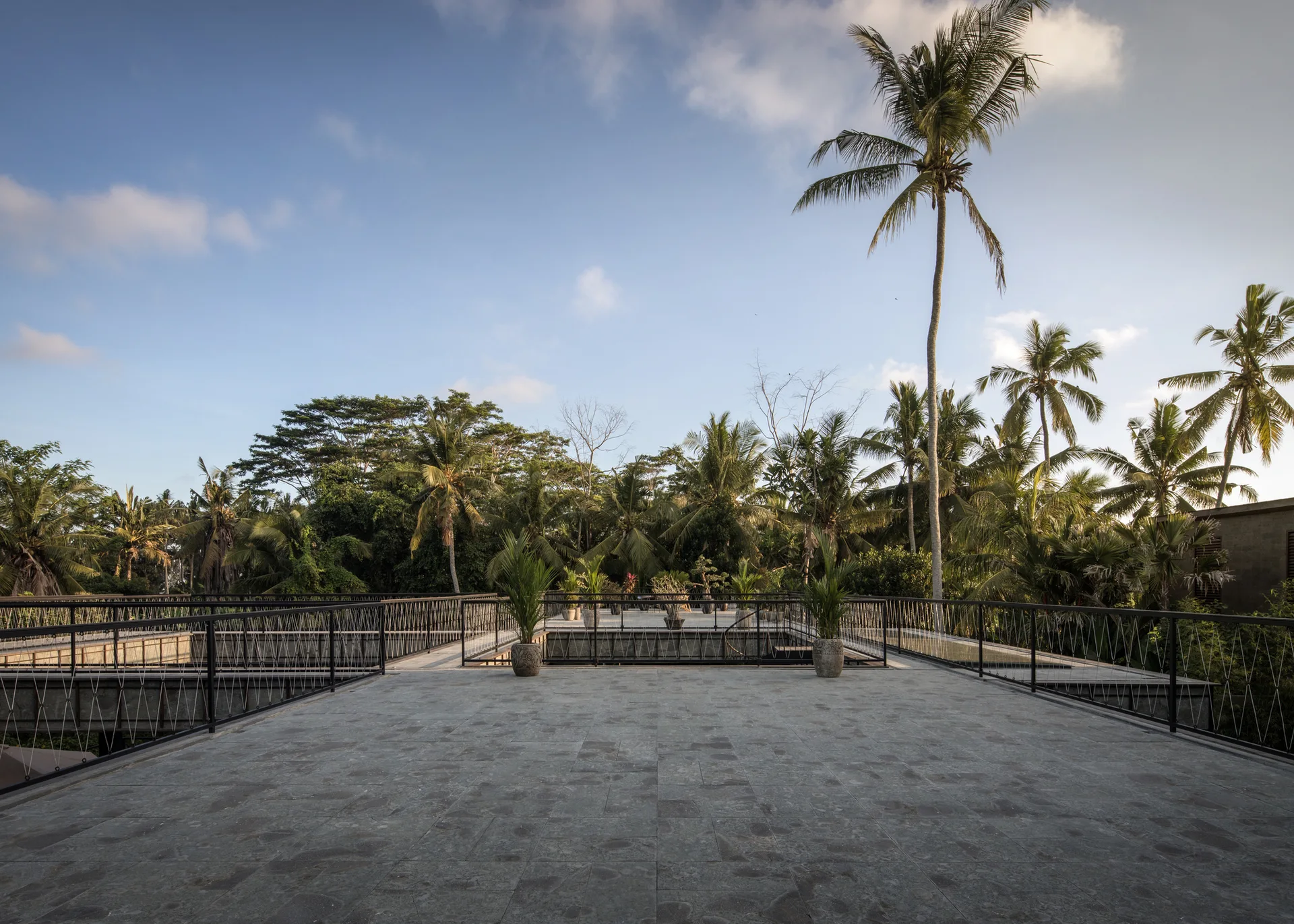 An expansive outdoor terrace paved in grey stone tiles is bordered by black metal railings and surrounded by tall tropical palm trees under a blue sky.