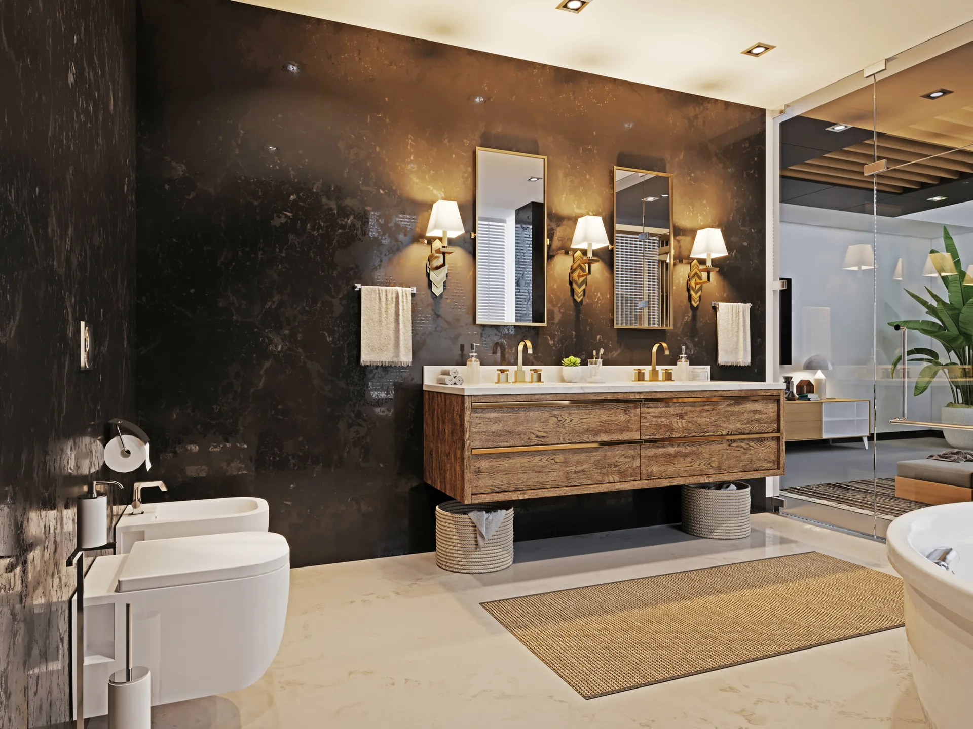 A modern bathroom features a floating wooden double vanity, a textured dark gray wall with gold-framed mirrors, and a white ceramic bidet.