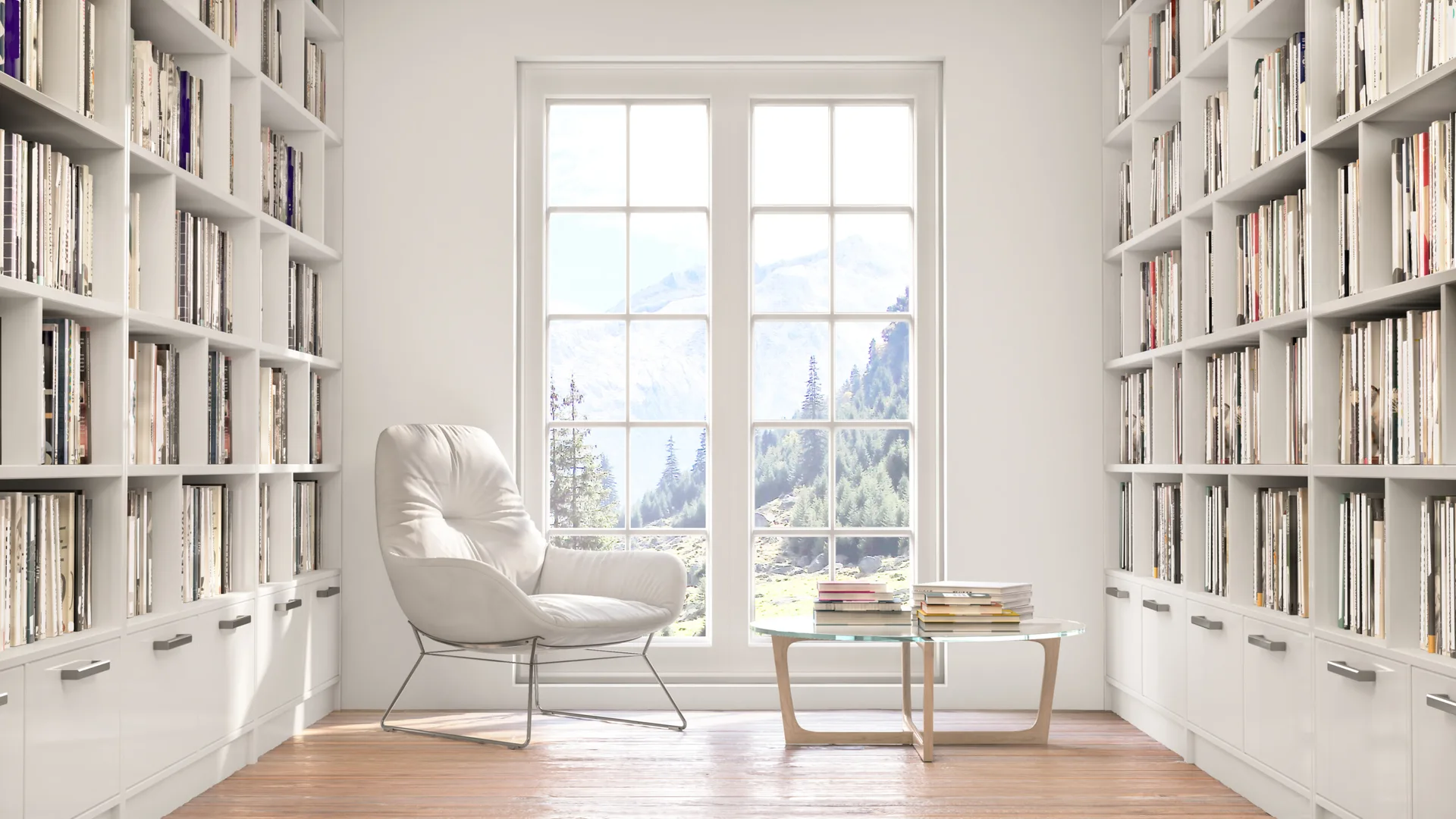 Symmetrical white built-in bookshelves flank a large central window with a mountain view next to a modern armchair and glass coffee table.