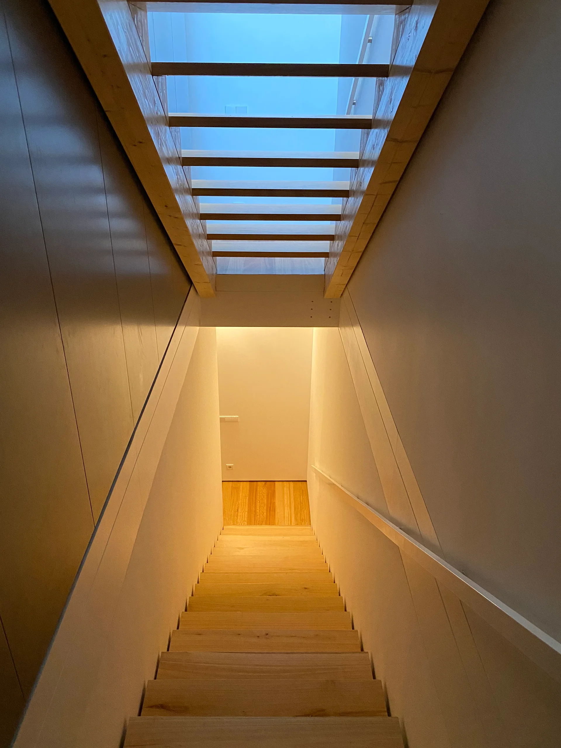 A wooden staircase descends between white walls under a skylight with a light wood slatted frame showing a blue sky.