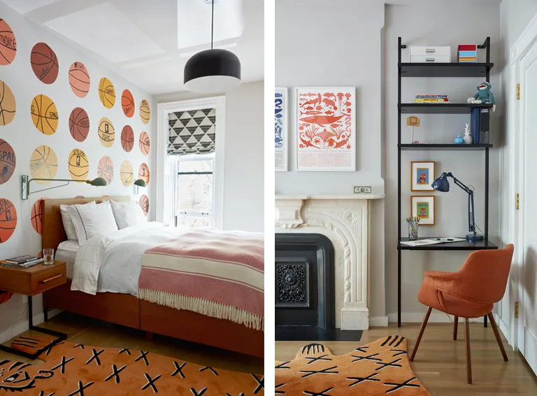 A bedroom split view showing a wood bed against basketball wallpaper and a white marble fireplace next to a black ladder desk.