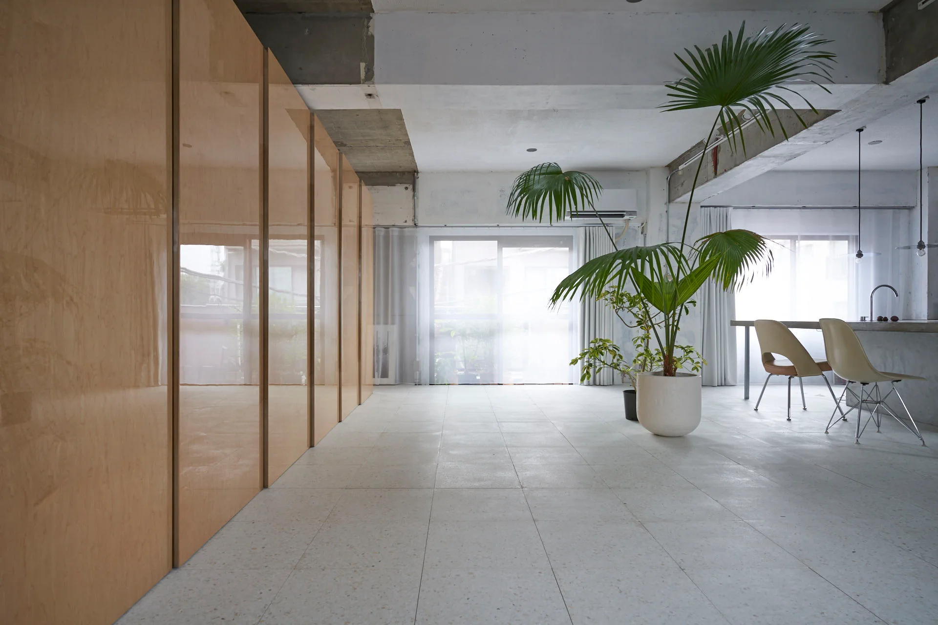 Minimalist open-plan interior featuring a wall of tall glossy wood cabinets, an exposed concrete ceiling, tiled flooring, and a large potted palm.