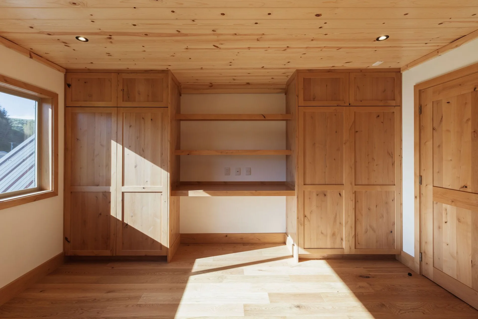 A home office features built-in light wood cabinetry flanking a central desk niche under a matching paneled wood ceiling.