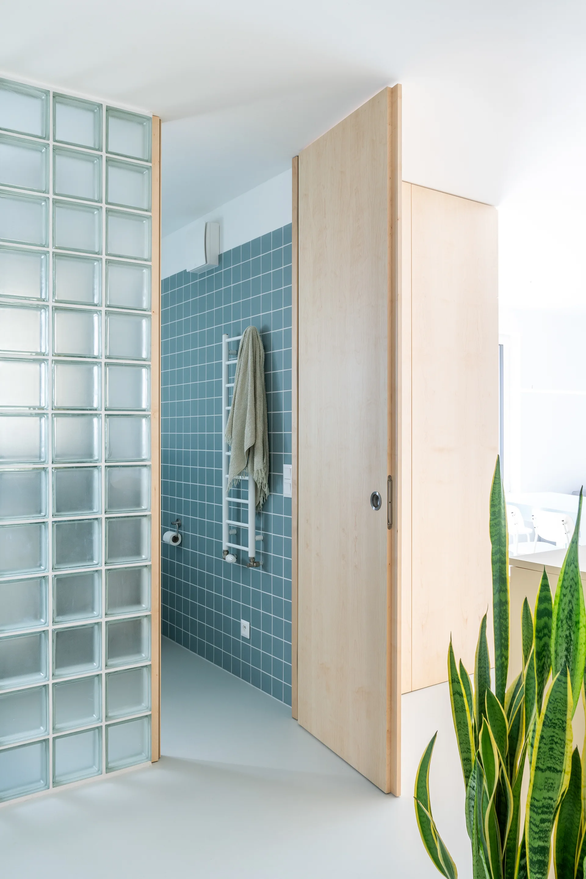 A bathroom entry features a pale wood sliding door, a translucent glass block wall, and a blue tiled wall with a white towel radiator.
