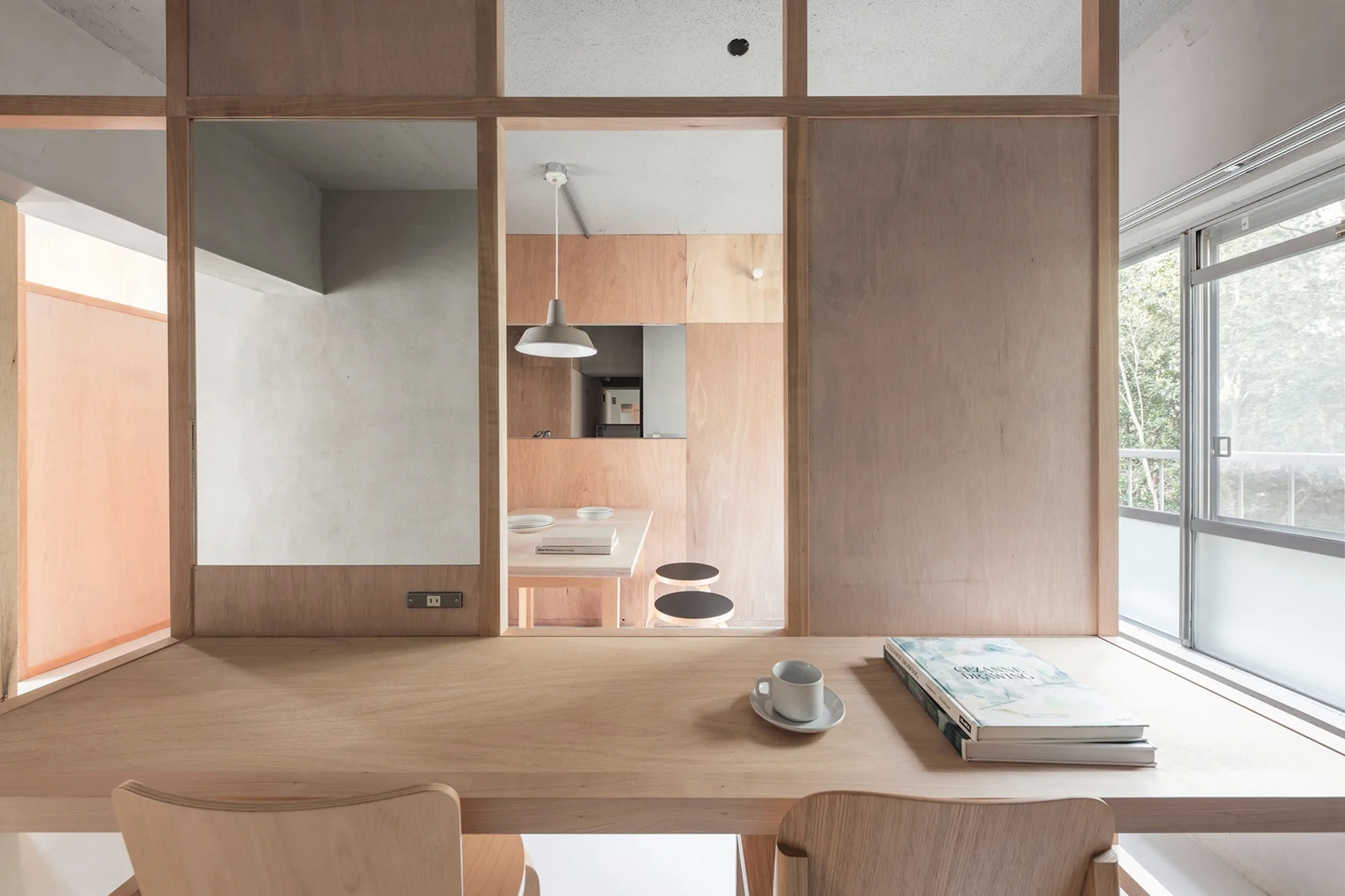 Chayamadai Danchi Housing Complex, Studio Rakkora Architects, Interior, Table, Wood, Windows