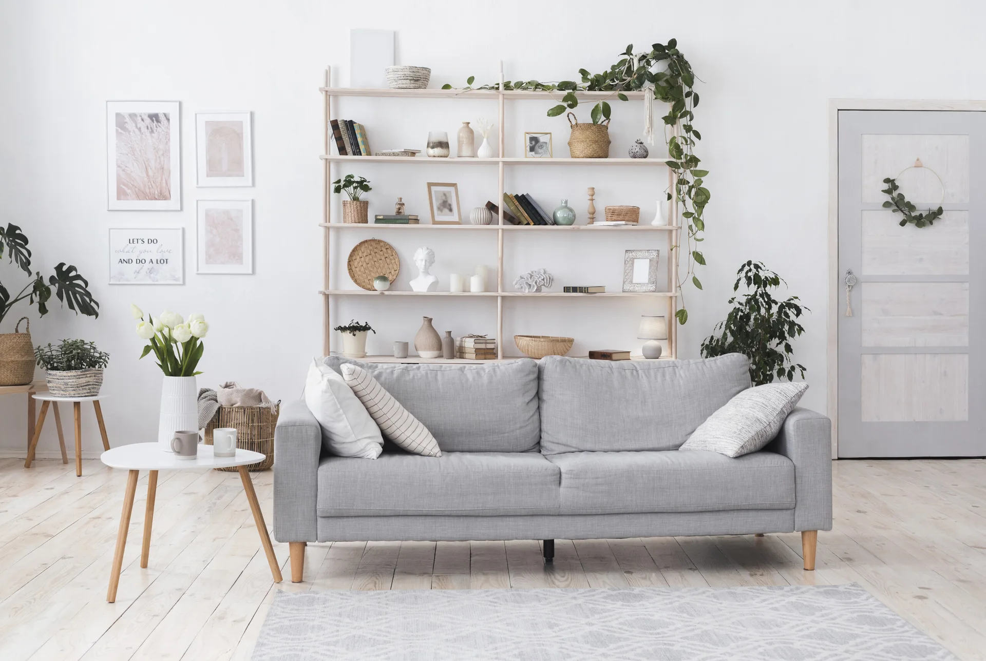 A light grey upholstered sofa is placed in front of a tall wooden shelving unit styled with plants and books against a white wall.