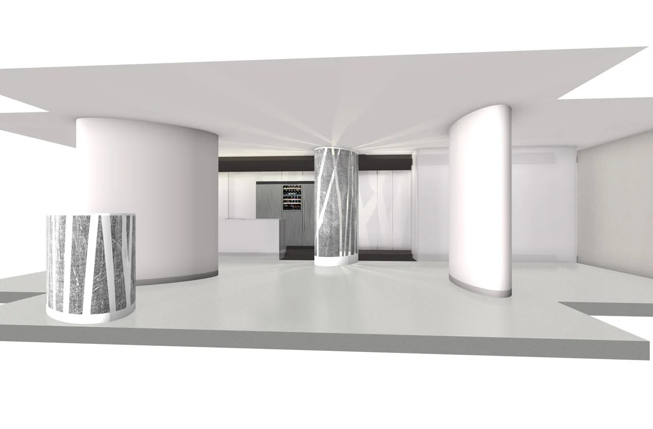 A 3D architectural rendering of a white minimalist room featuring curved partition walls, a patterned cylindrical column, and an integrated wine cooler.