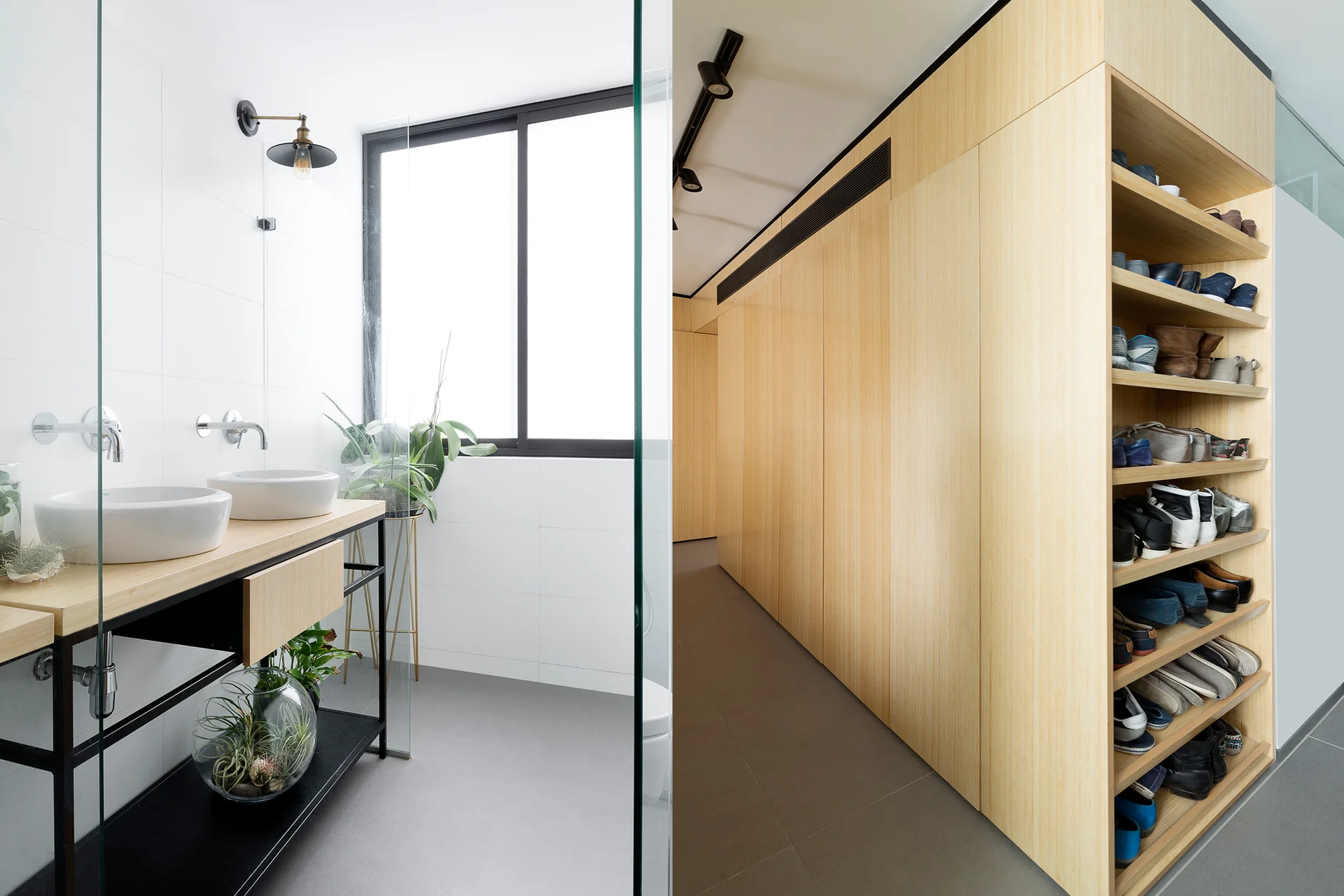 A split-view showing a minimalist bathroom with a double vessel-sink wood vanity and a hallway with floor-to-ceiling wooden storage and a shoe rack.