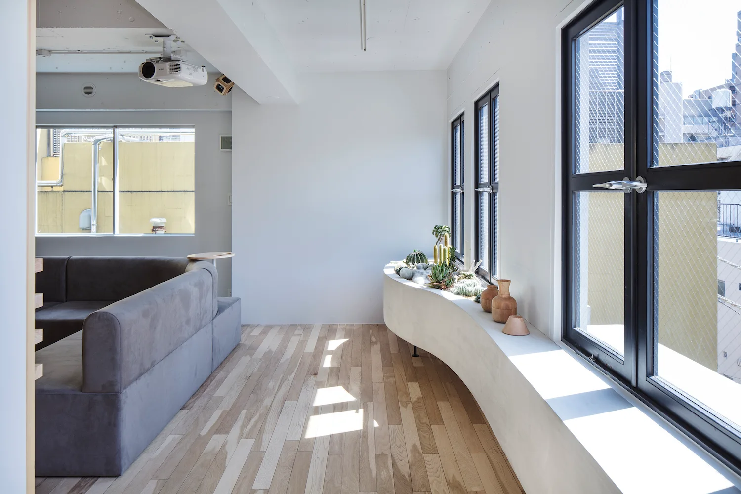 A bright minimalist room features a gray sectional sofa, light wood flooring, and a curved white built-in window bench filled with small cacti.
