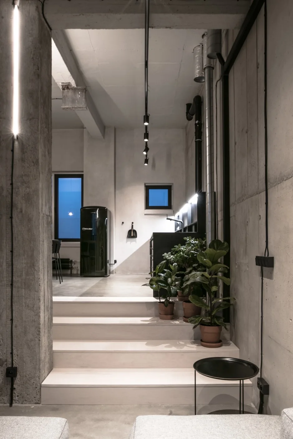 A split-level industrial room features light wood steps leading to a kitchen with raw concrete walls, a black refrigerator, and potted green plants.