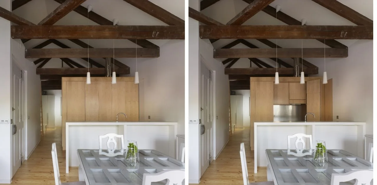 A split image showing kitchen cabinetry with folding wood doors open and closed, featuring a white island, dining table, and exposed ceiling beams.