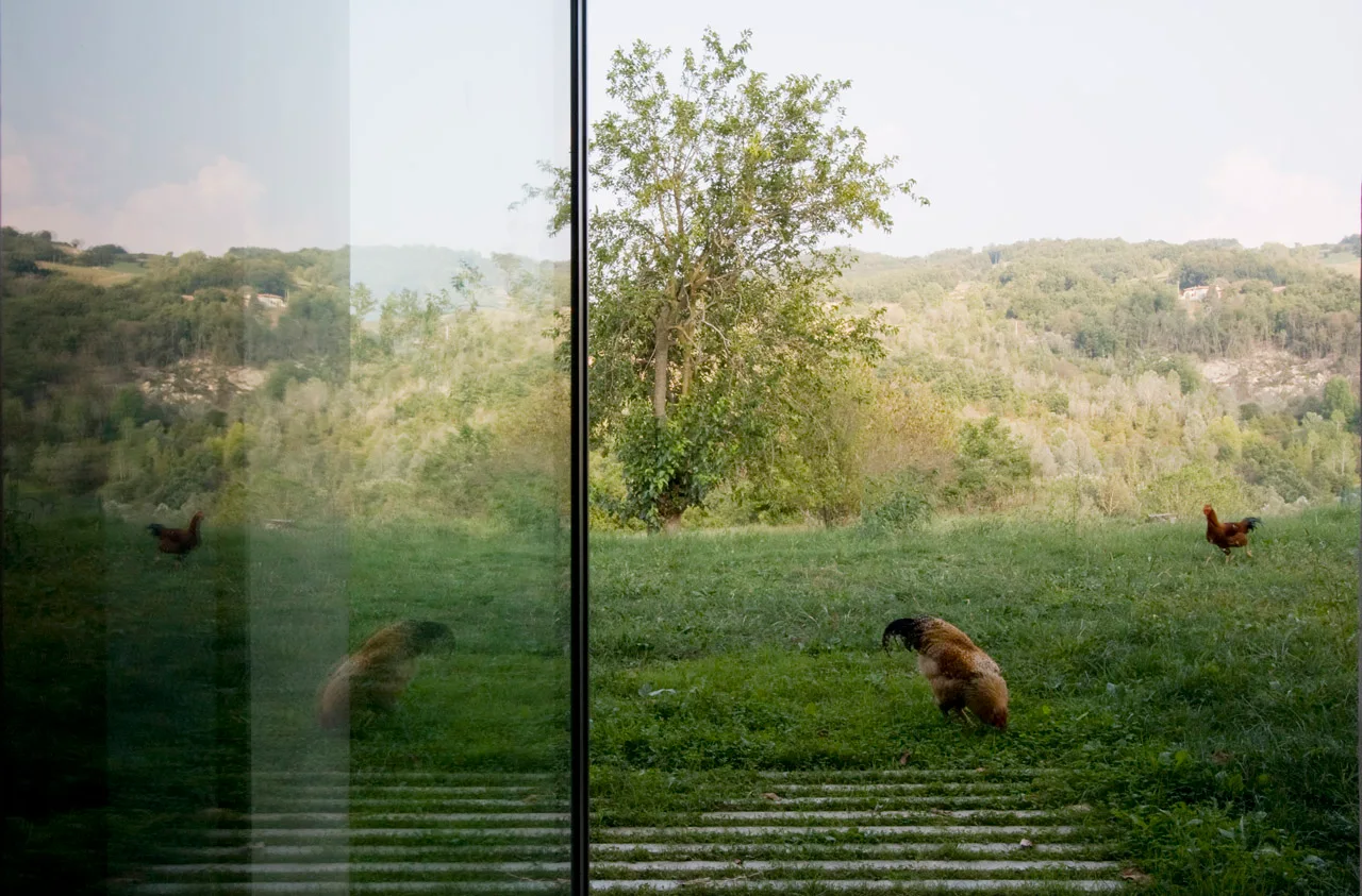 A large floor-to-ceiling glass window reflects a grassy field and distant hills where chickens forage in a rural landscape.