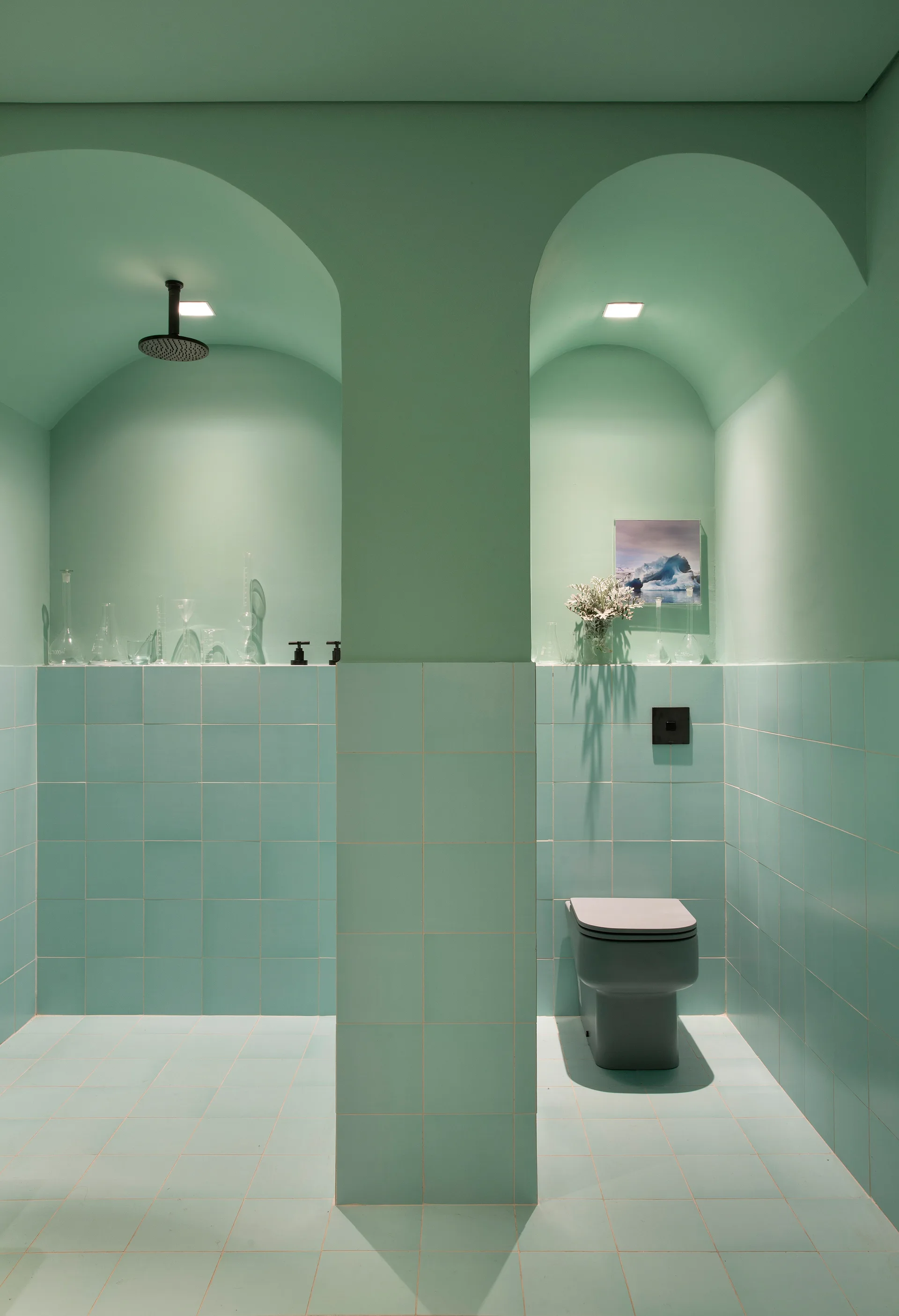 A contemporary mint green bathroom featuring two arched alcoves, one housing a shower and the other a toilet, with matching square tiles on the lower walls.