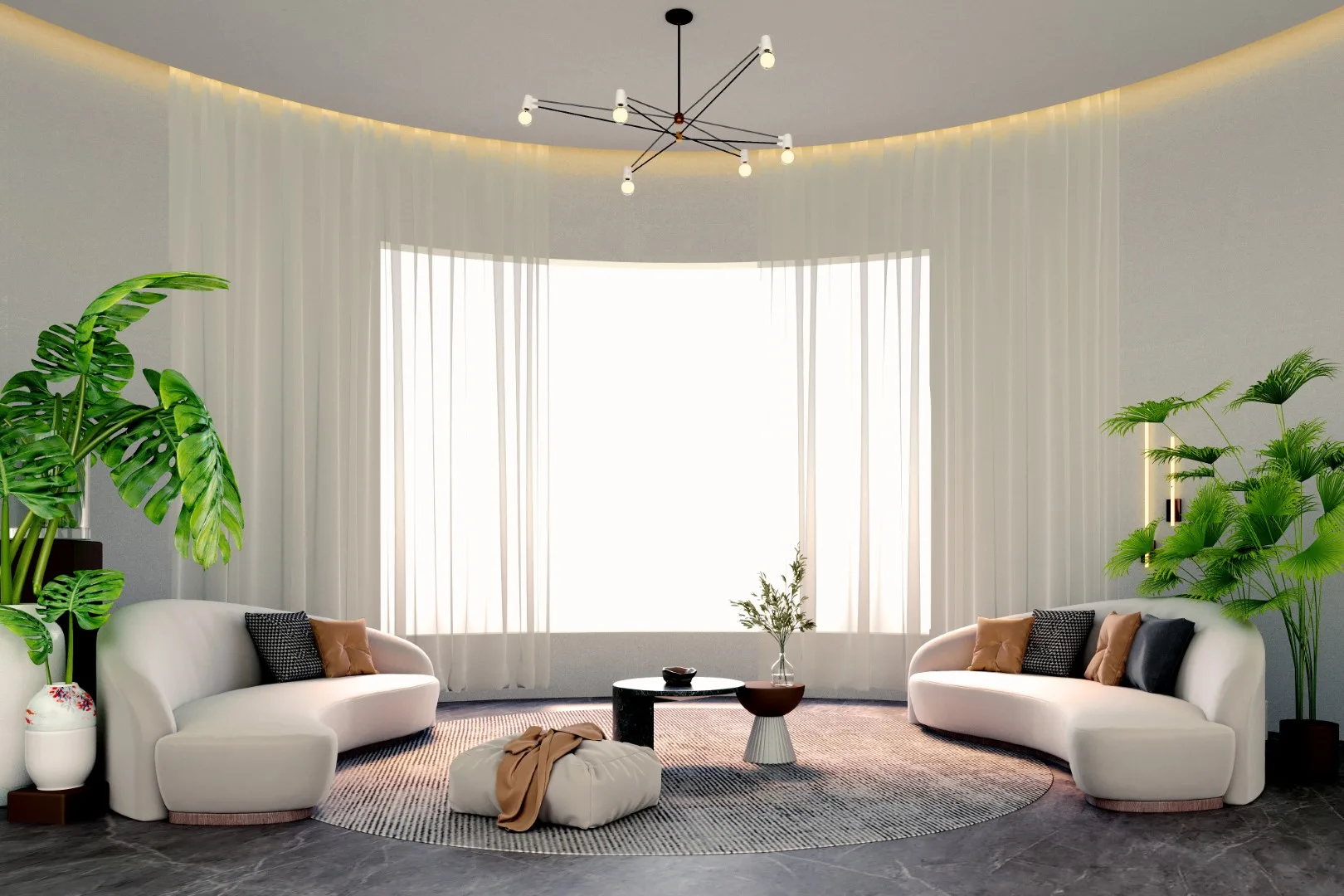 Symmetrical circular living room featuring two curved white sofas, a large round area rug, sheer curtains, and a branching ceiling light.