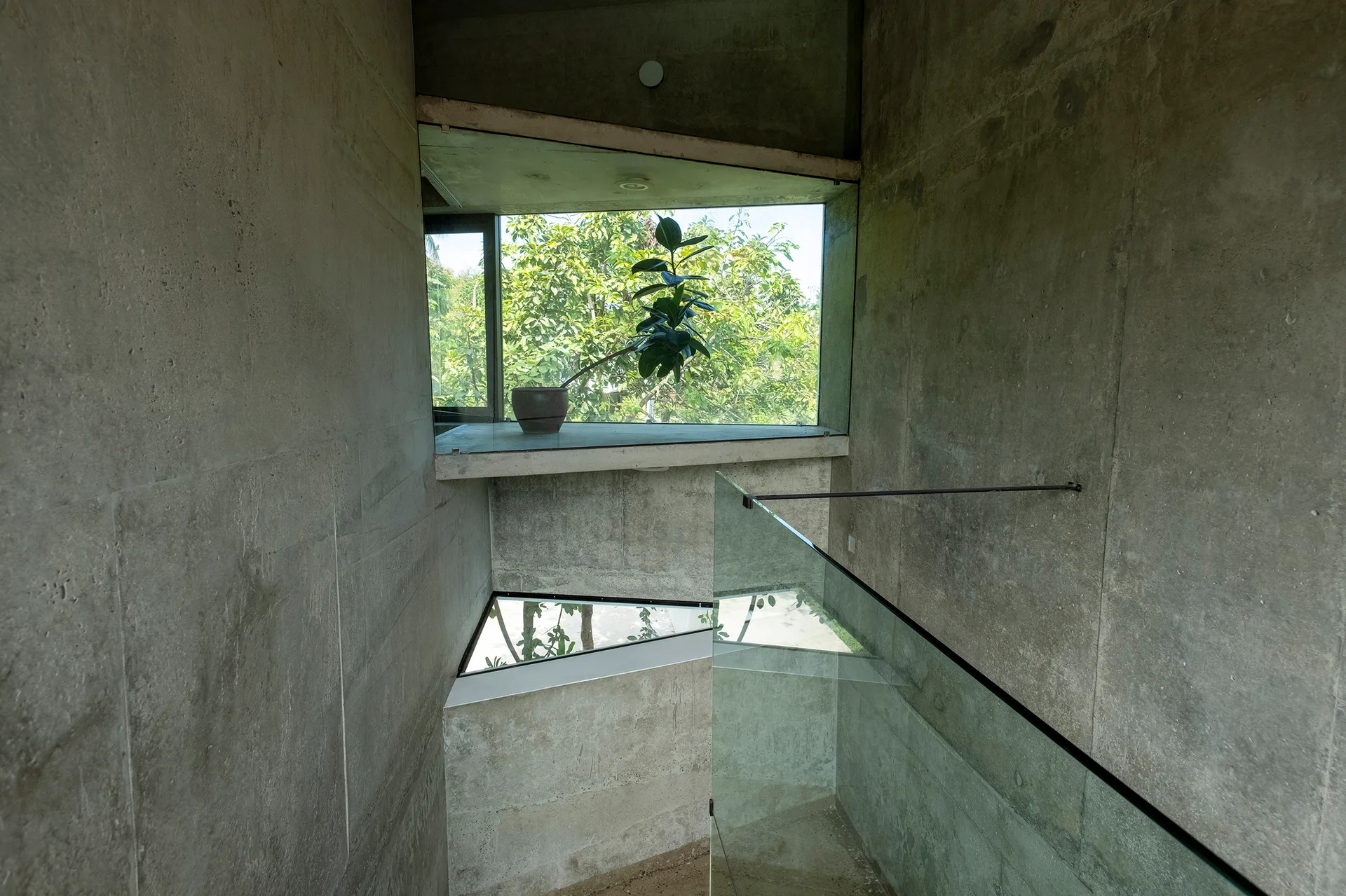A minimalist concrete stairwell features raw concrete walls, a frameless glass railing, and angular windows overlooking green trees.