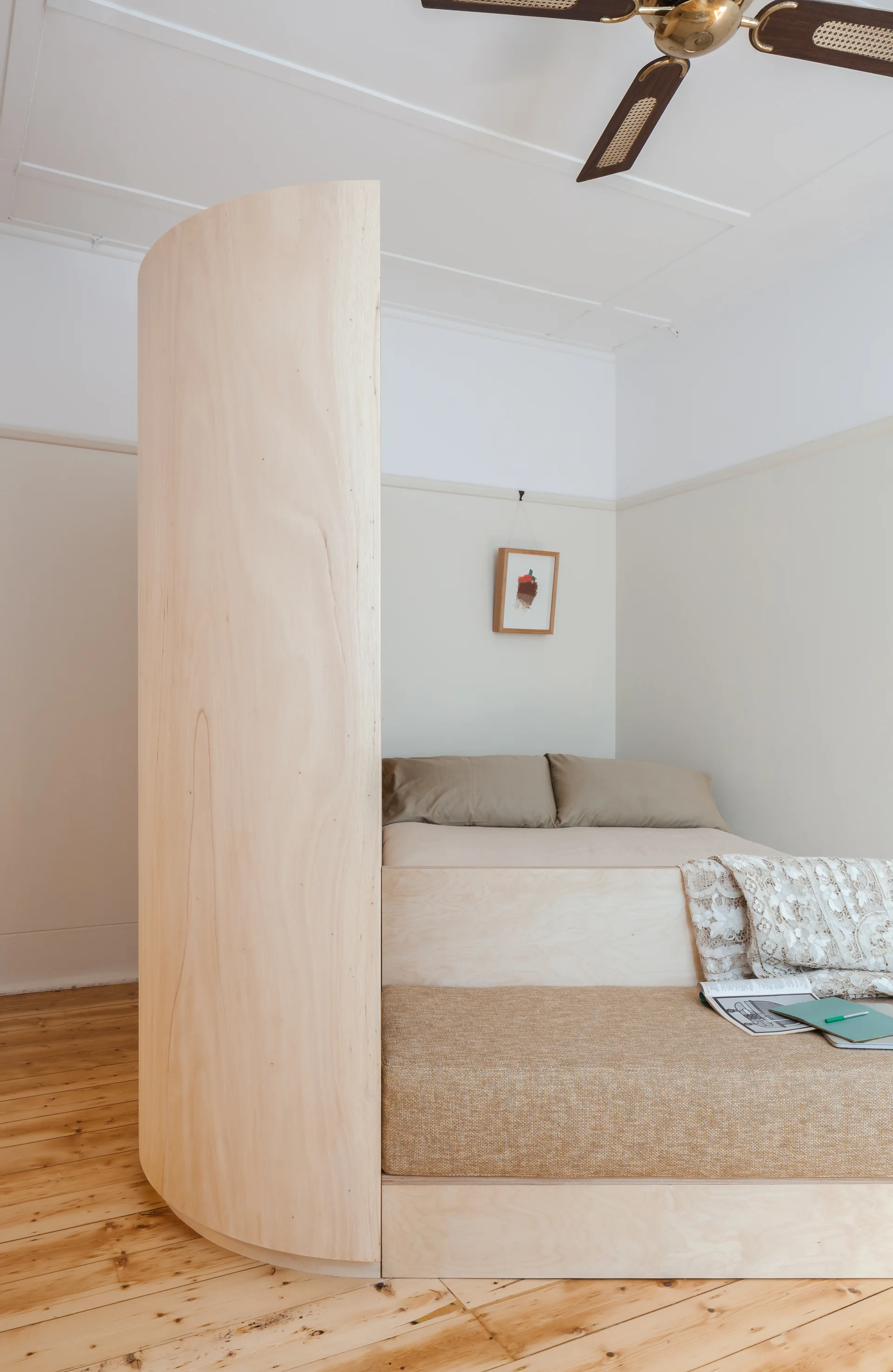 Small and Sculpted Studio Apartment, Catseye Bay Design, Wood, Windows, Bed, Beam, Bedroom