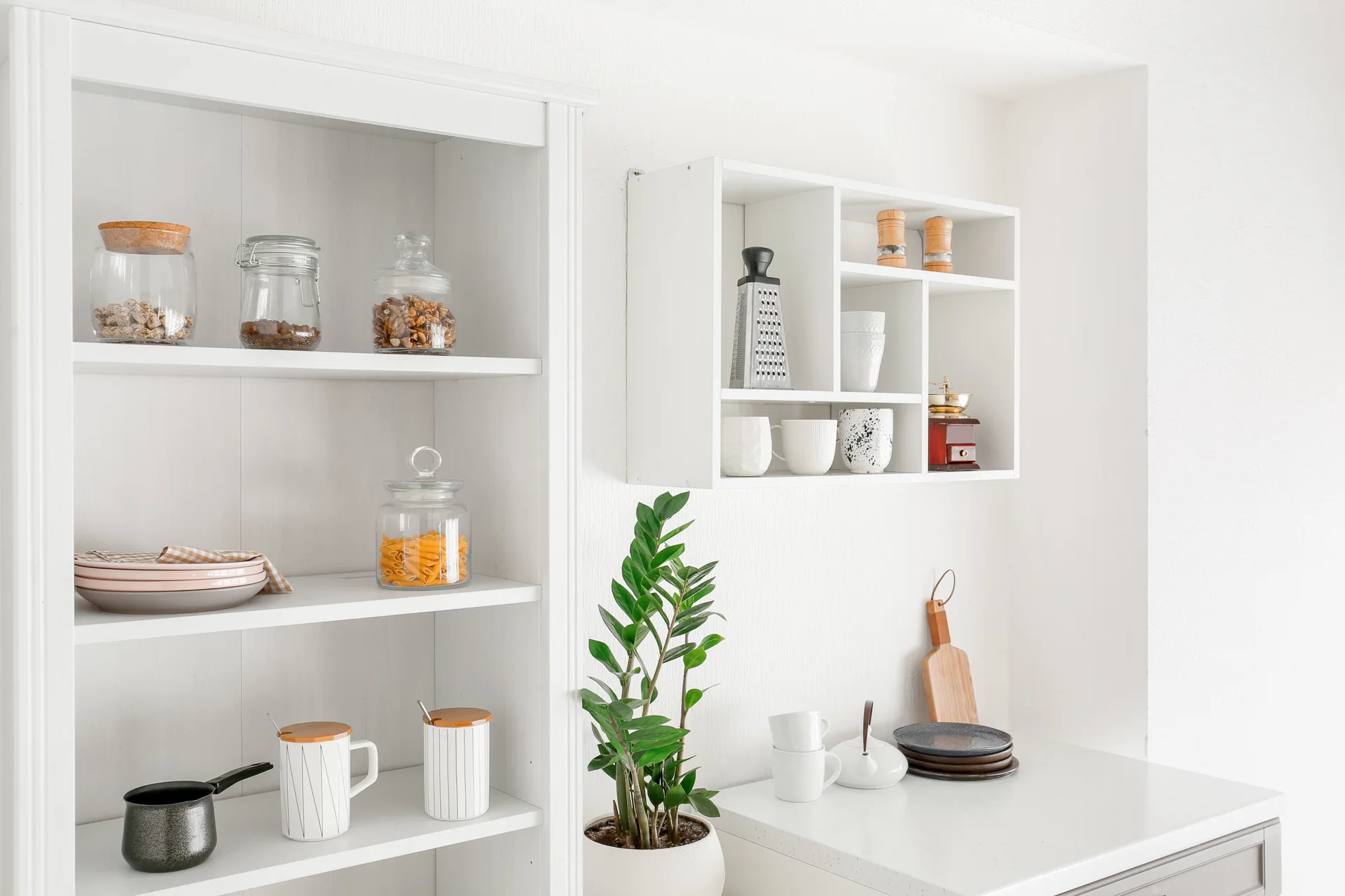 A minimalist white kitchen setup showing open wood shelving filled with glass canisters, ceramic cups, and a green potted houseplant.