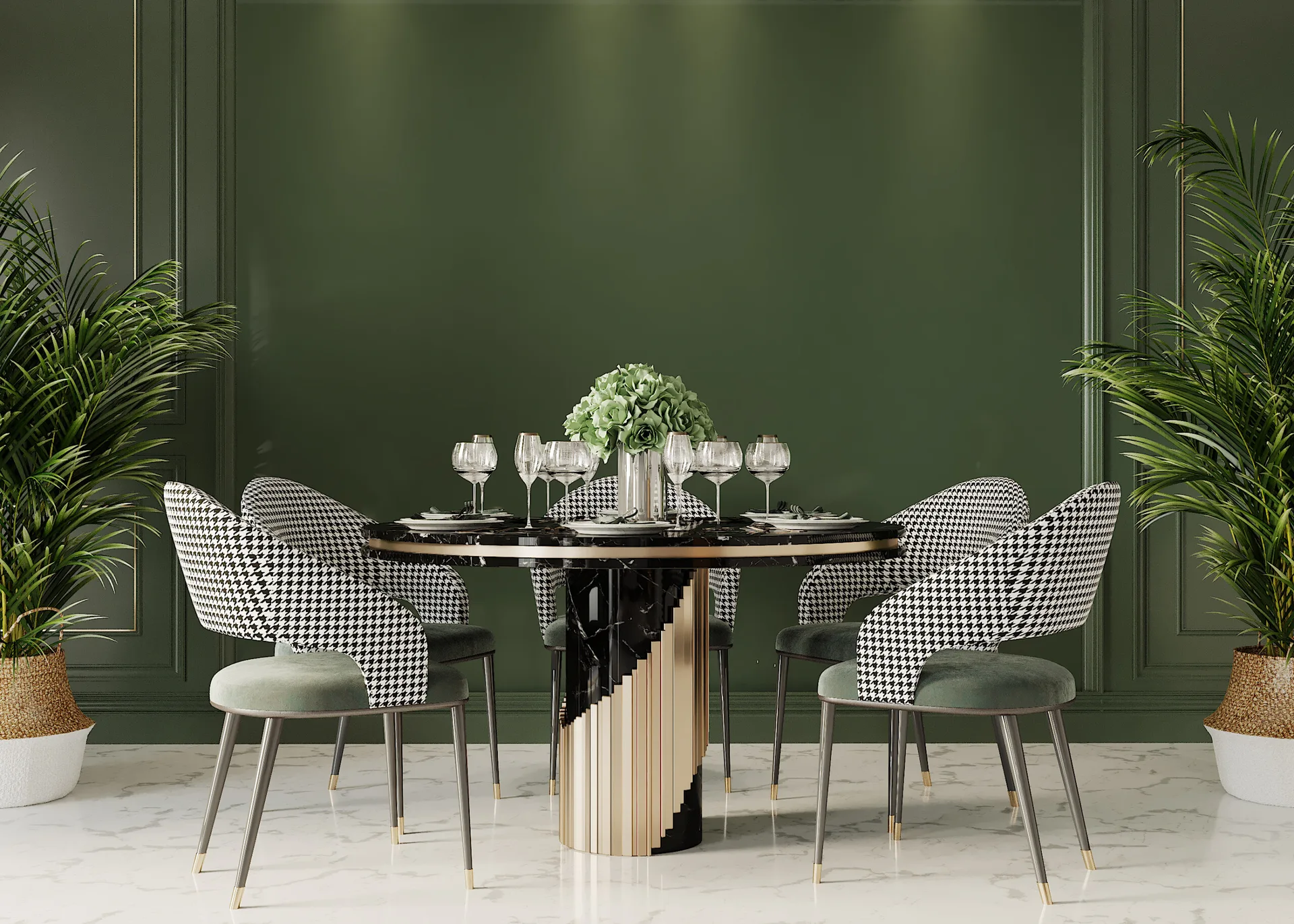 Four houndstooth chairs surround a black and gold marble dining table against a dark green paneled wall flanked by potted palms.