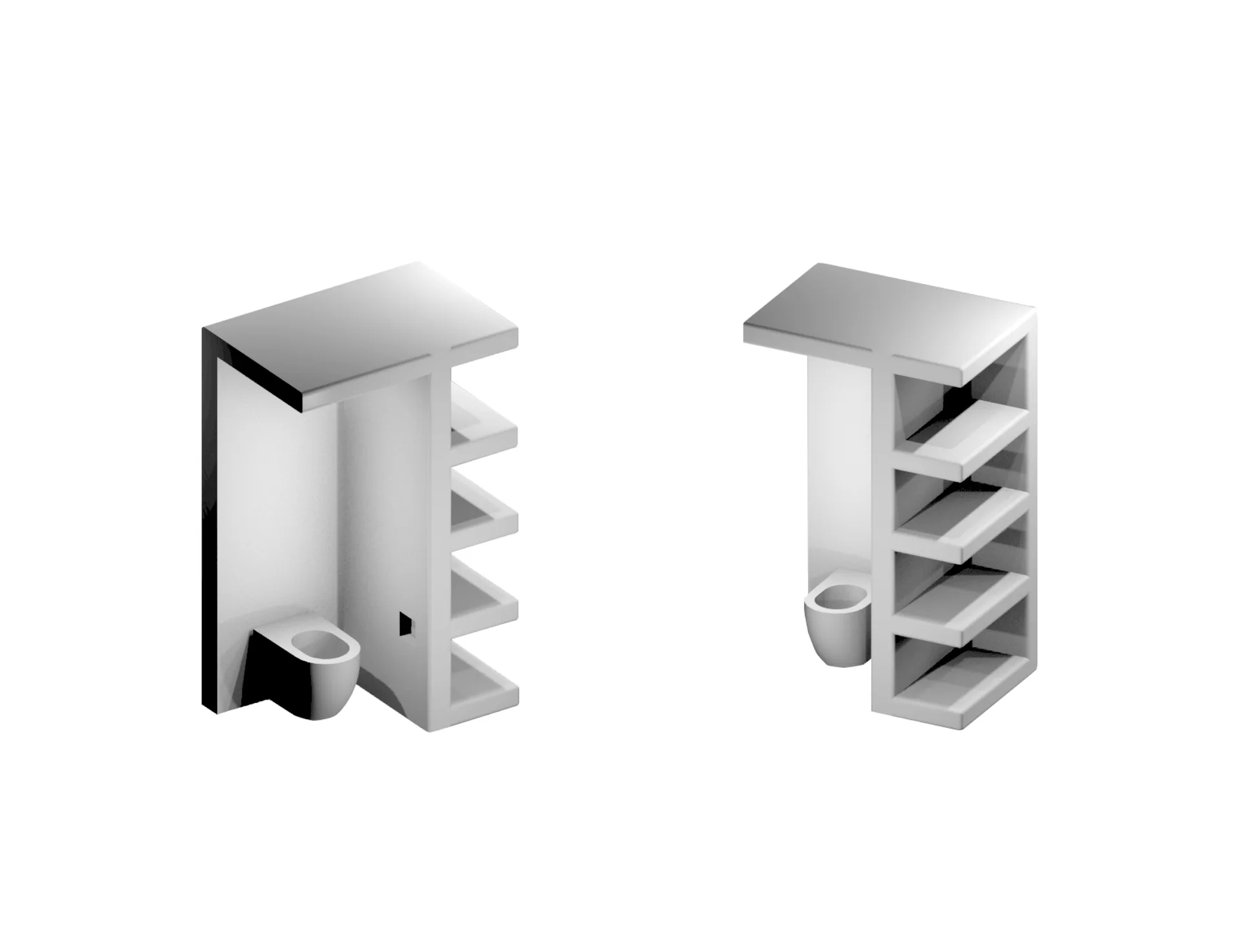 A 3D architectural rendering displays two views of a minimalist white bathroom divider unit with integrated shelving and a small basin.