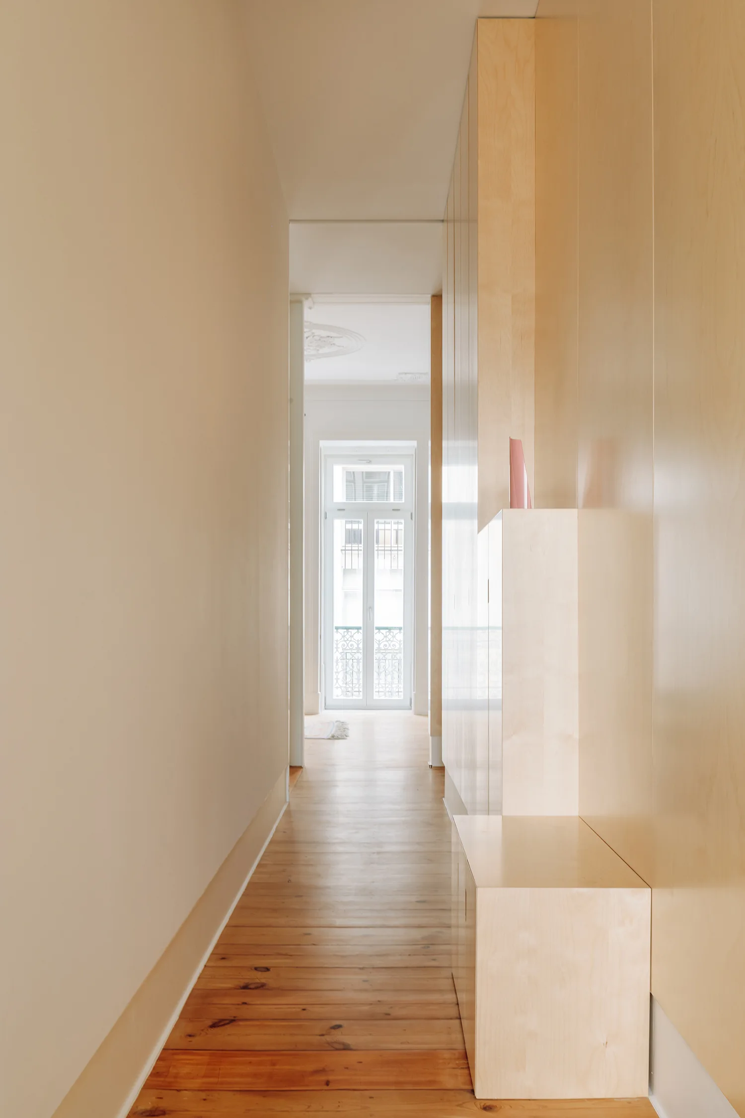 A narrow hallway features a long wall of built-in light wood cabinets, wood plank flooring, and a glass-paneled door at the end.