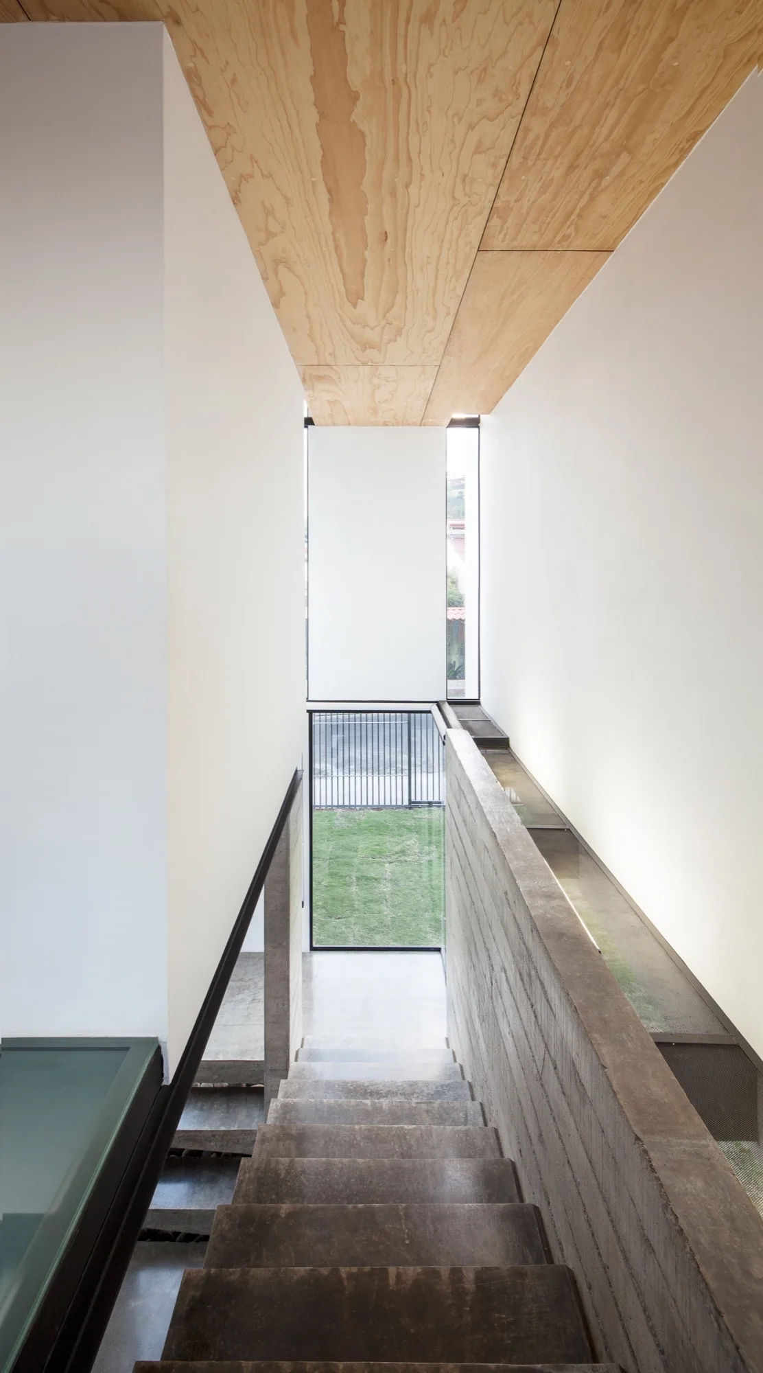 A modern concrete staircase with a raw concrete wall and smooth white walls descends toward a window under a natural wood ceiling.