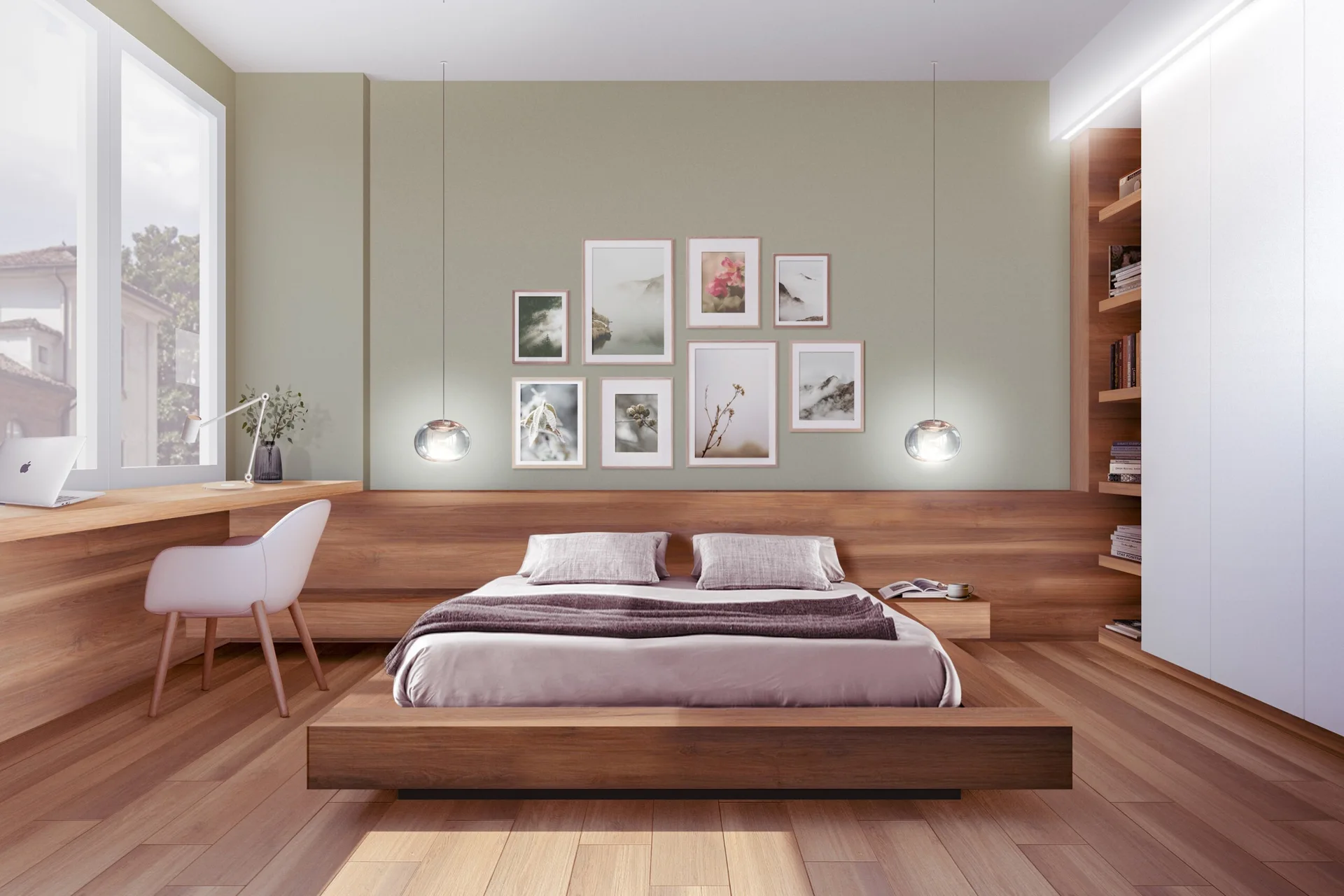 A minimalist bedroom featuring a low-profile wood platform bed, a sage green accent wall with a gallery, and an integrated wooden desk.