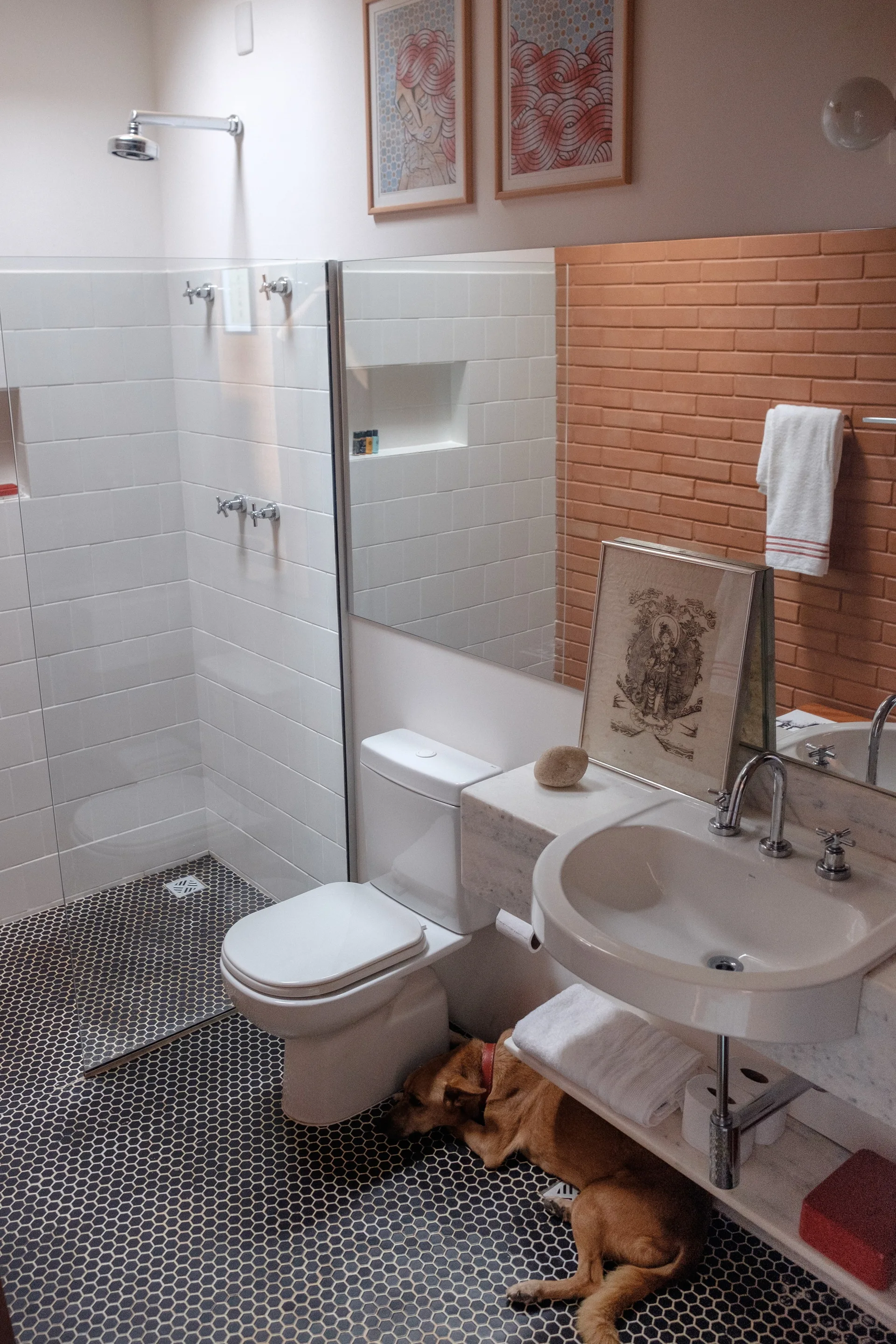 A dog rests on a black and white hexagonal tiled floor in a bathroom with an orange brick wall and a white subway tile shower.