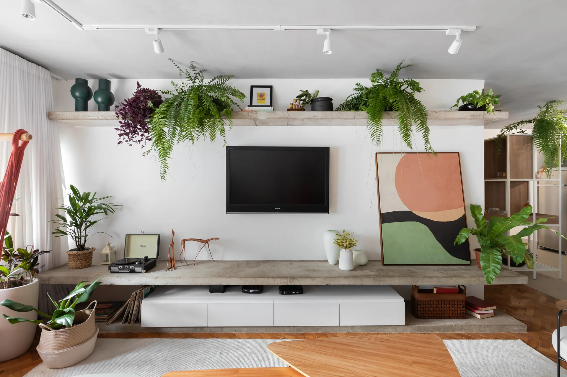 Two thick raw concrete floating shelves display potted ferns and art pieces above a low white media console and a wall-mounted television.