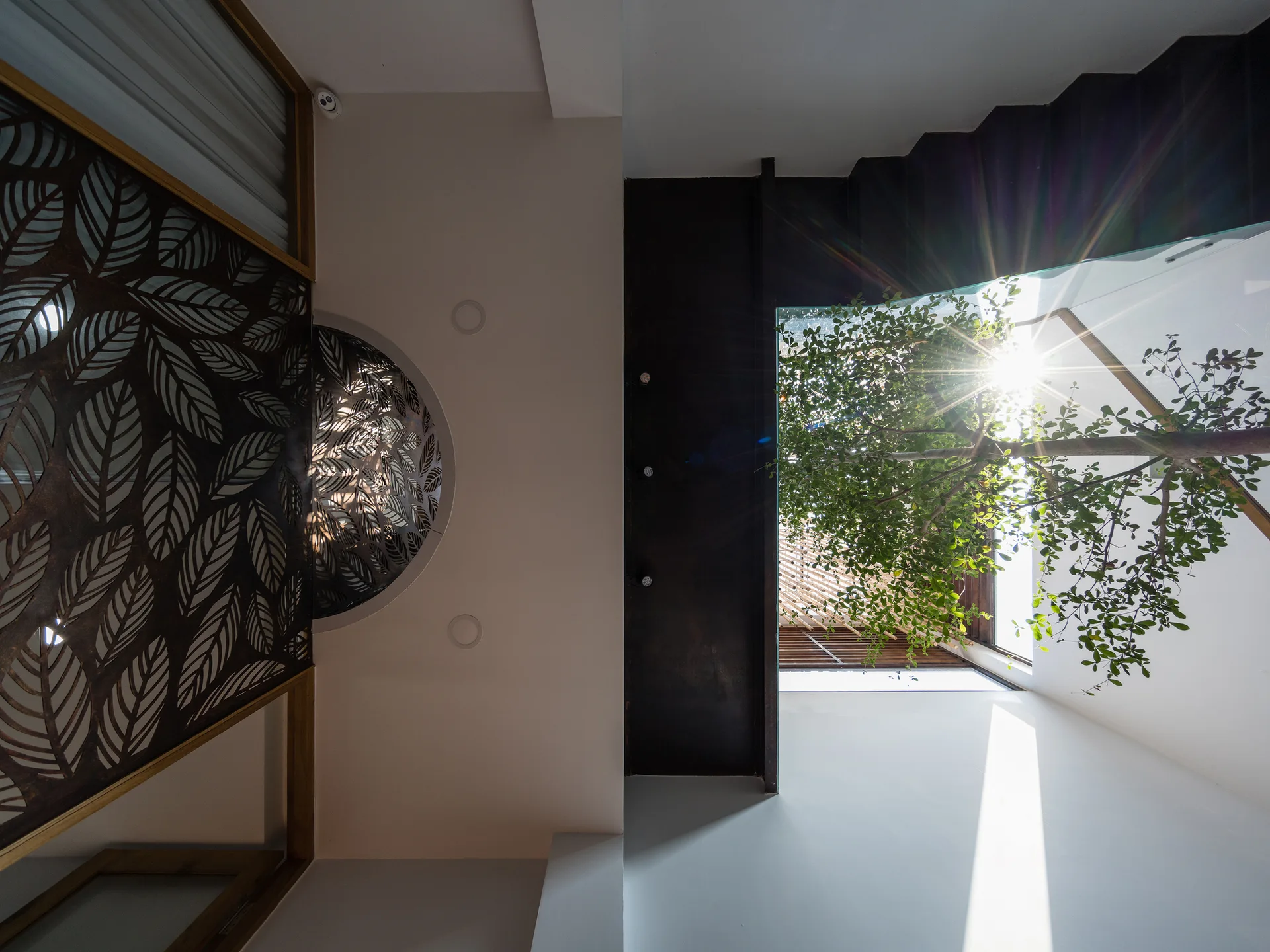 A low-angle upward view of a modern white atrium featuring a laser-cut leaf-patterned metal screen and a glass skylight with a tree outside.