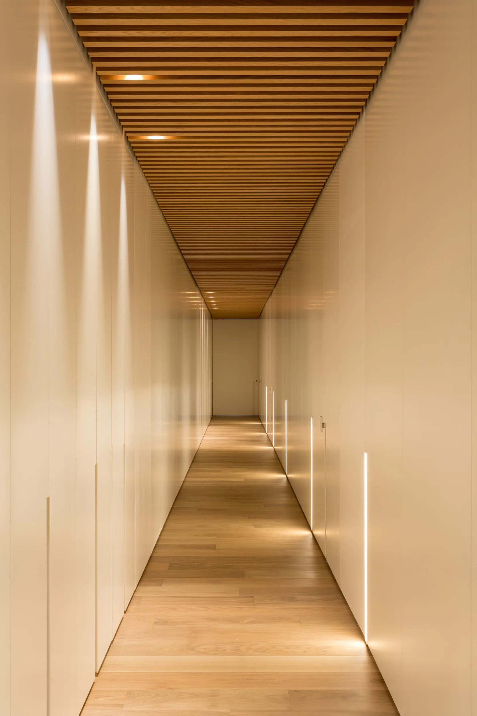 A minimalist hallway with a slatted wood ceiling, seamless white wall panels with vertical light strips, and wood flooring.