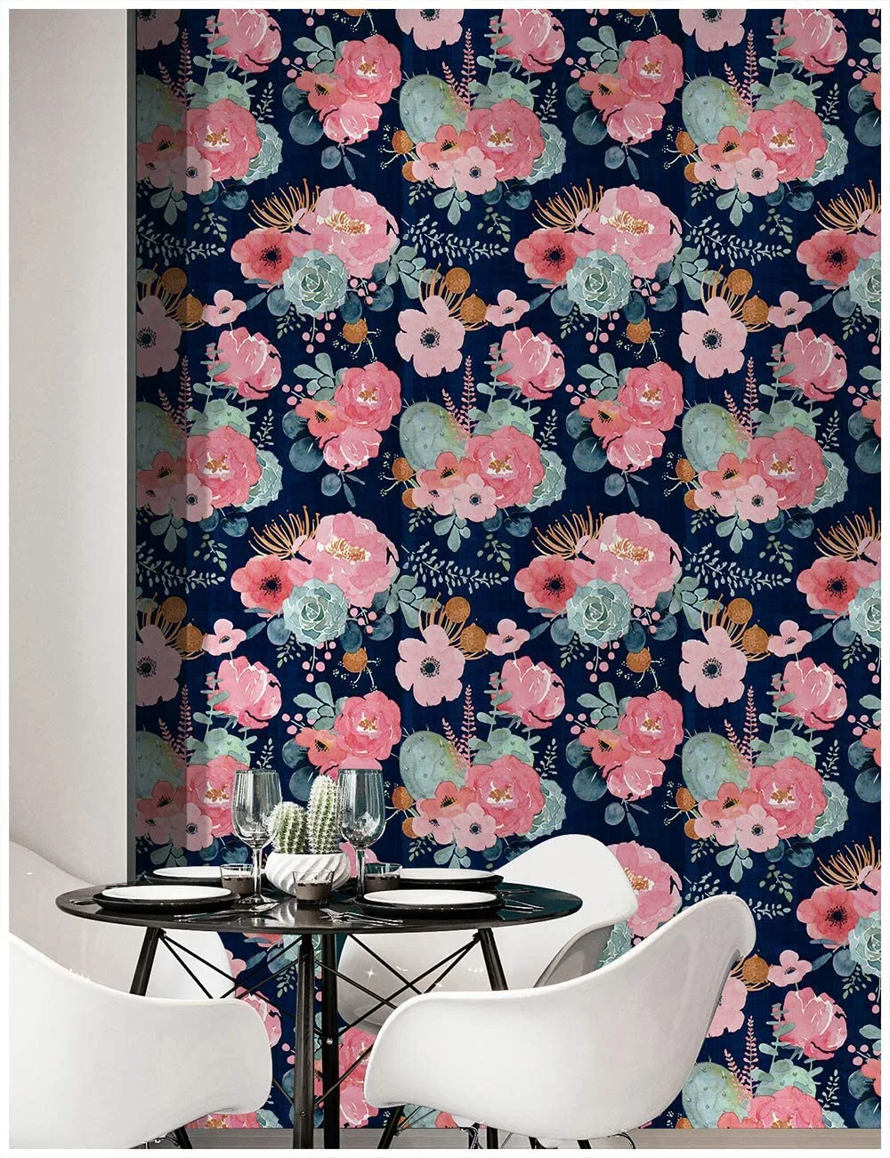 A modern dining nook features a bold navy floral wallpaper accent wall behind a round black table with white shell chairs.