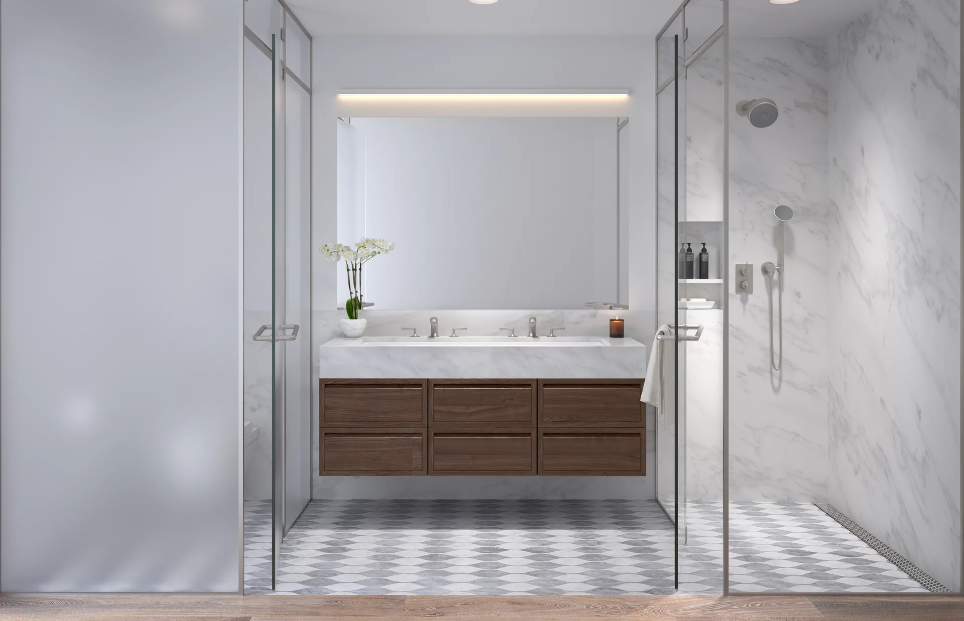 A modern bathroom with a floating dark wood vanity, a large lighted mirror, veined marble walls, glass partitions, and diamond-patterned floor tiles.