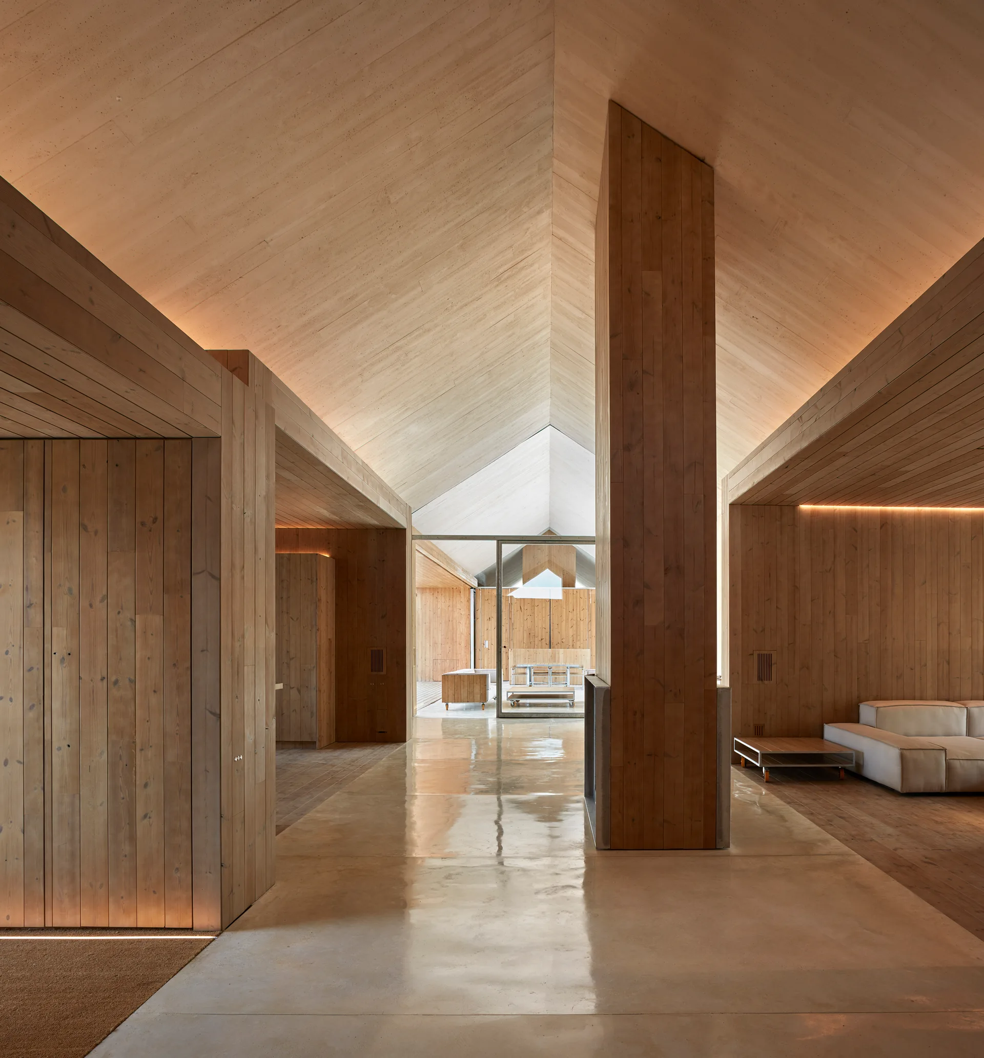 A minimalist room clad in light wood paneling features a high vaulted ceiling, glossy concrete floors, and indirect linear lighting.