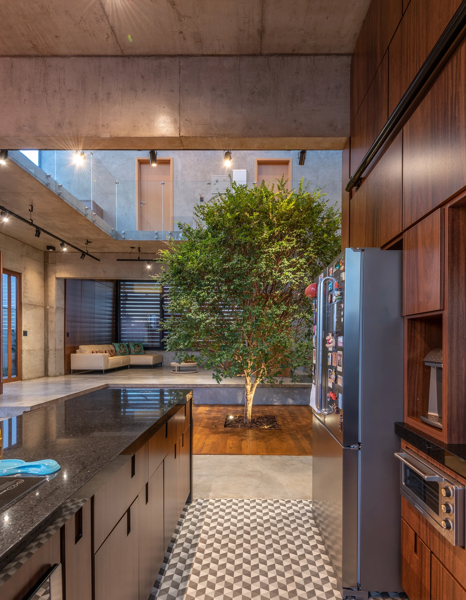 A modern kitchen with geometric floor tiles and wood cabinetry looks out toward an indoor courtyard featuring a large green tree under concrete ceilings.