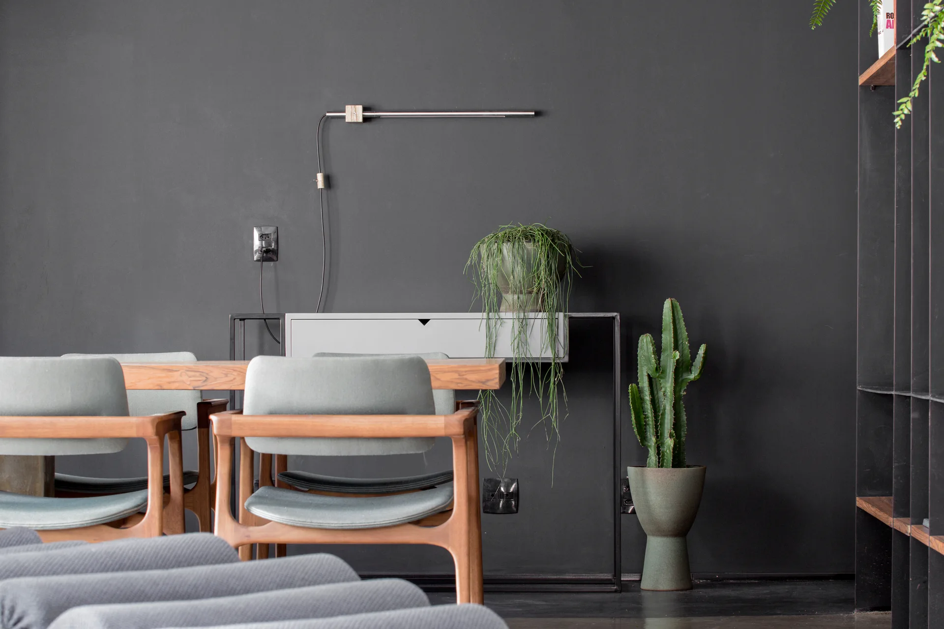 A modern dining room features wood-framed chairs, a wooden table, and potted plants set against a dark charcoal accent wall.