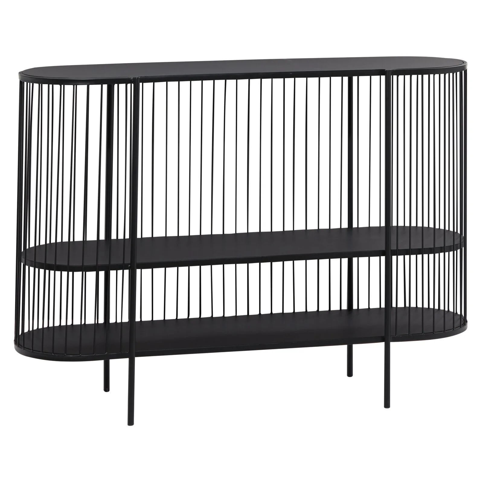 A minimalist black metal console table with an elliptical shape, two shelves, and a thin vertical wire cage design.