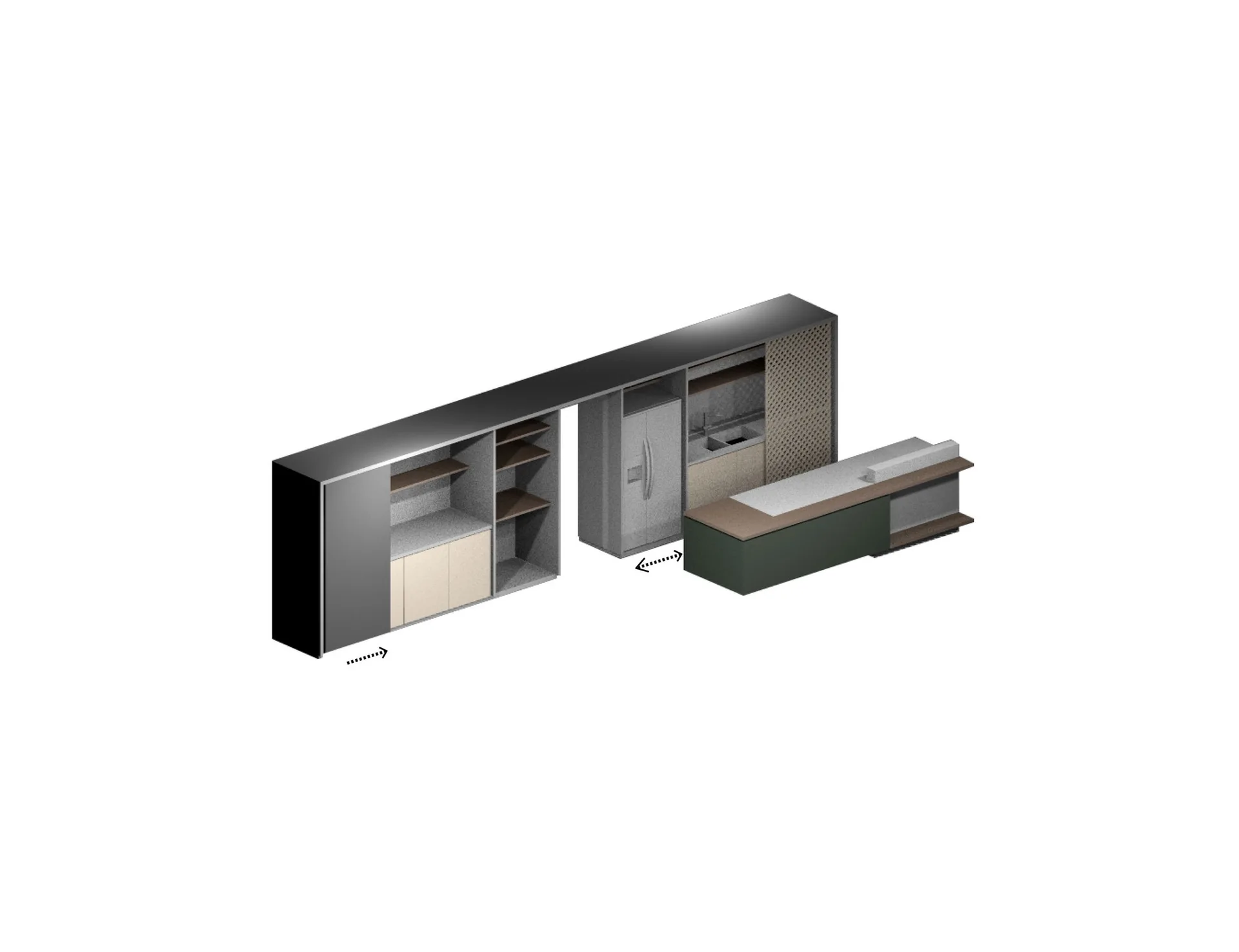 An isometric 3D architectural rendering of a modular kitchen system featuring matte grey tall cabinets and a dark green island.