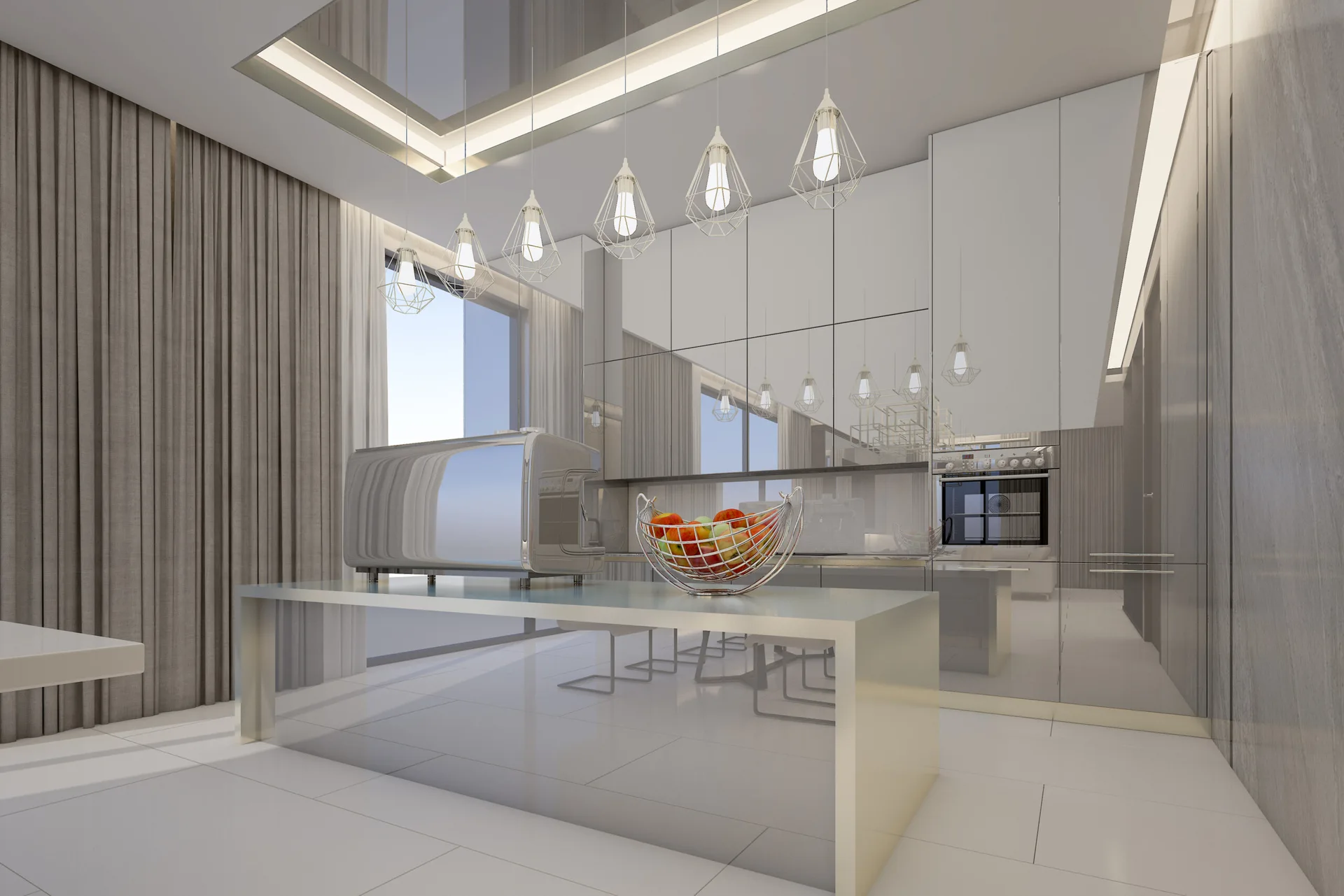 A minimalist kitchen features a silver-toned island, wireframe pendant lights, mirrored cabinetry, and full-length curtains.