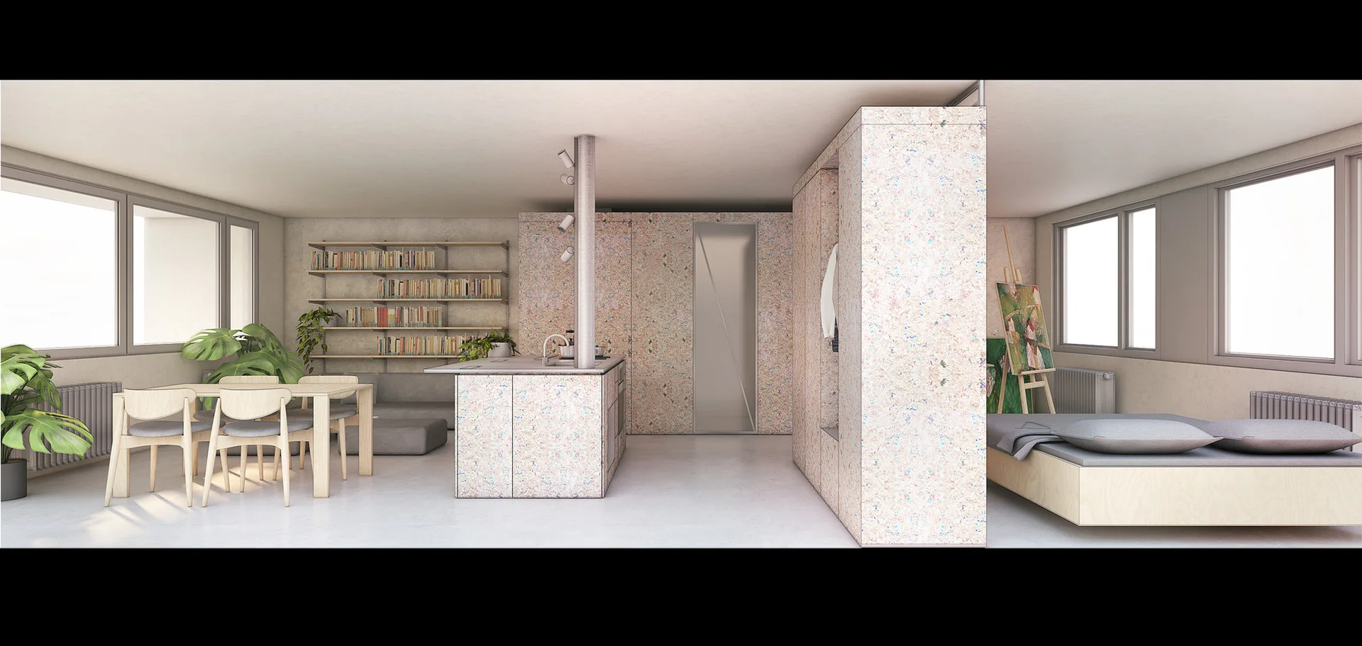 A minimalist studio apartment featuring a light wood dining table, a central speckled kitchen island, and a matching divider partitioning the bed.