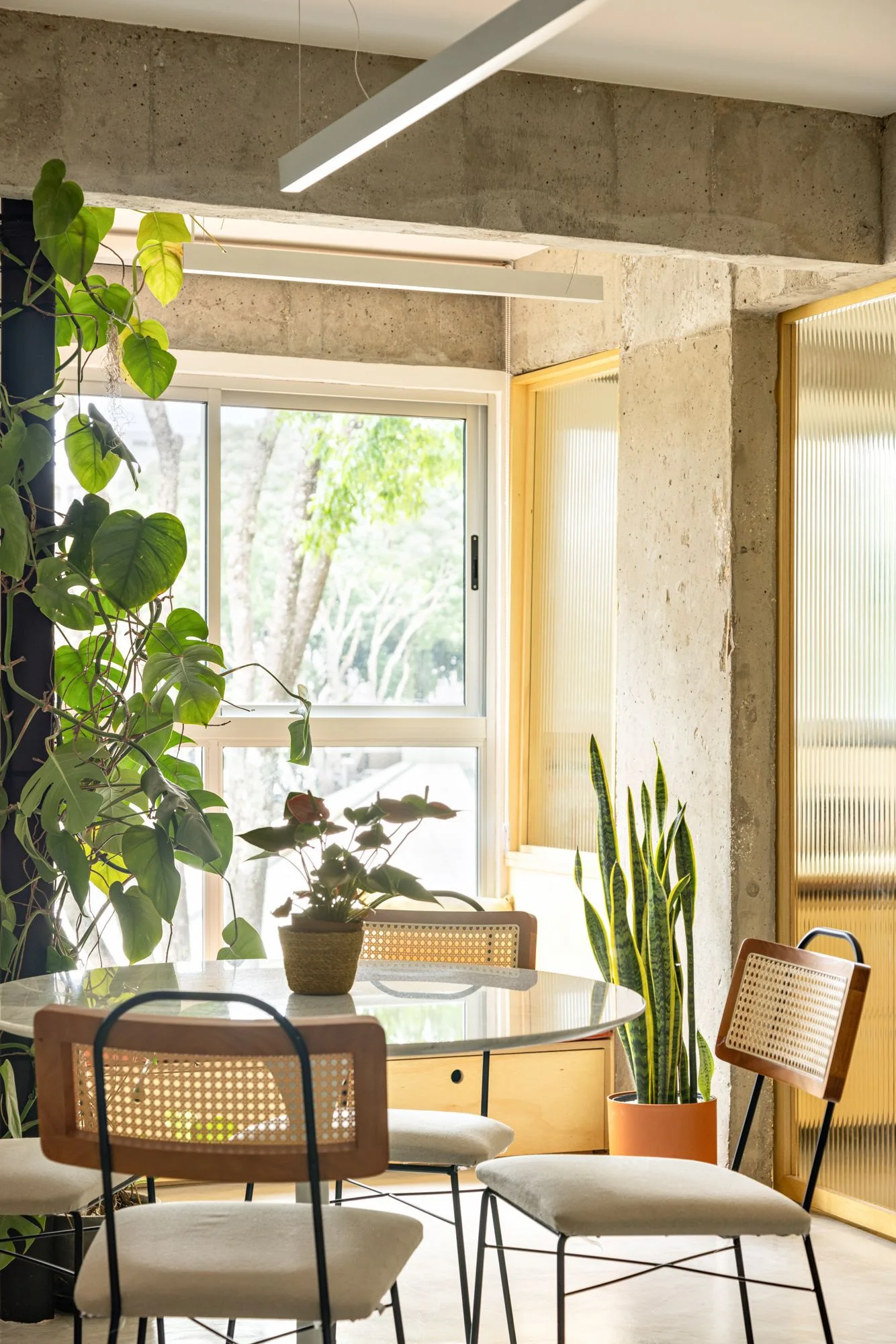A bright dining nook with a round marble table, woven cane chairs, lush green plants, and exposed raw concrete walls.