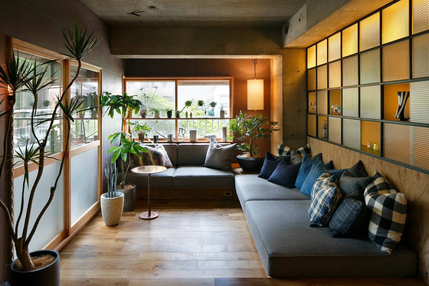 A cozy lounge area with a low grey sectional sofa, exposed concrete ceiling, warm wood floors, potted plants, and a glowing backlit grid partition wall.