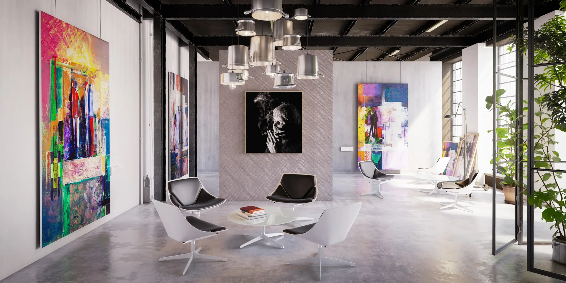 Four modern lounge chairs sit around a glass coffee table in an open industrial gallery featuring colorful art and concrete floors.