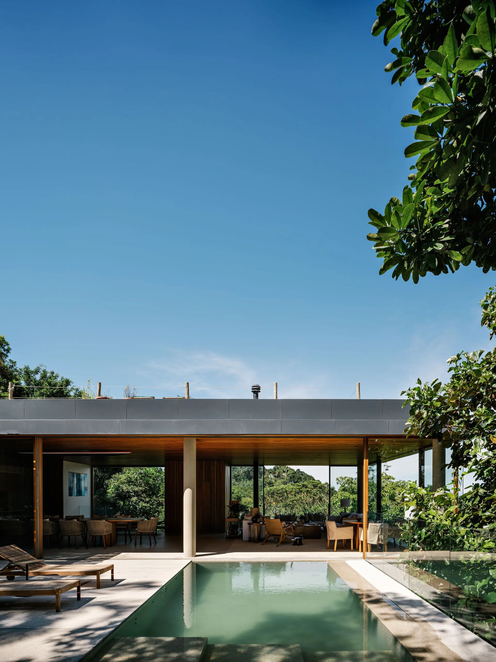 A rectangular swimming pool sits adjacent to a modern covered terrace featuring a wood plank ceiling, outdoor furniture, and surrounding lush greenery.