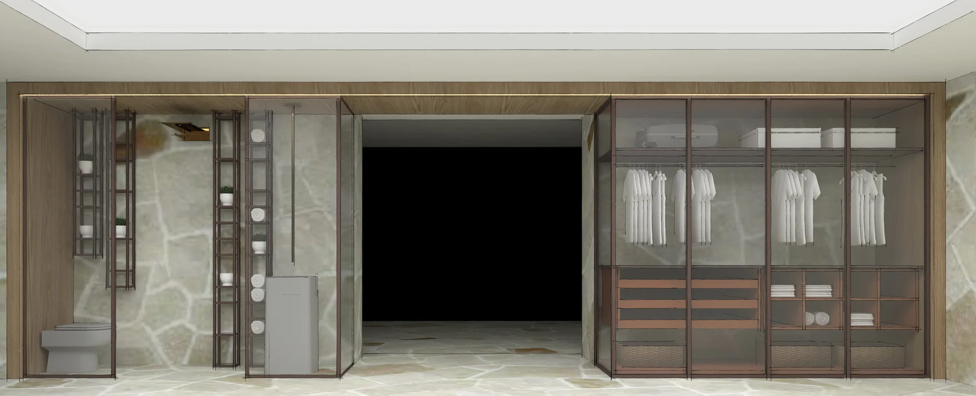 A minimalist walk-in closet features glass-fronted wardrobes, integrated wooden storage shelving, warm strip lighting, and irregular stone-clad walls.