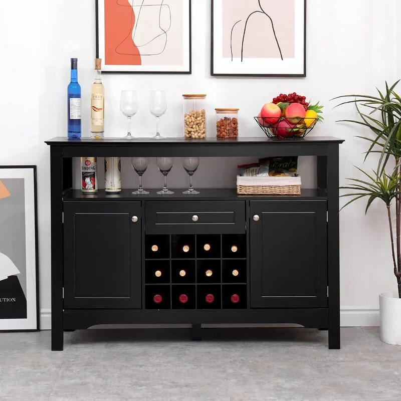 A matte black wooden bar cabinet featuring a central wine rack, side cupboards, and an open shelf stands against a white wall with minimalist art.