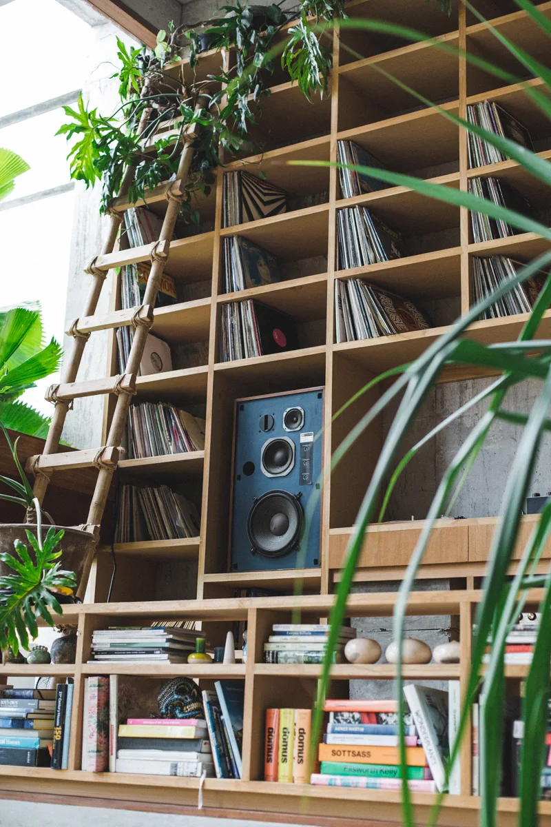 A tall wooden grid shelving unit filled with books and vinyl records features an integrated blue speaker and a bamboo ladder leaning against it.