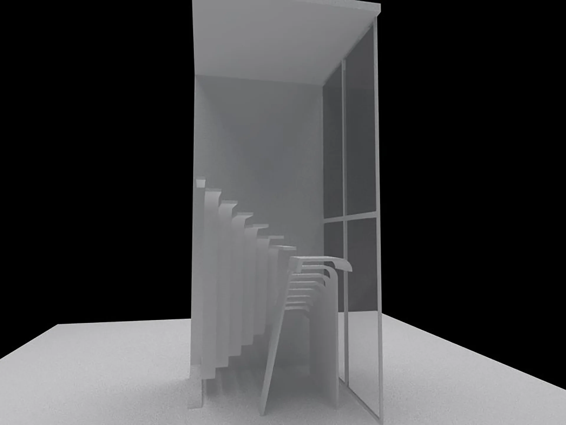 A 3D architectural render of a minimalist white staircase with a cascading sculptural design next to a tall glass partition.