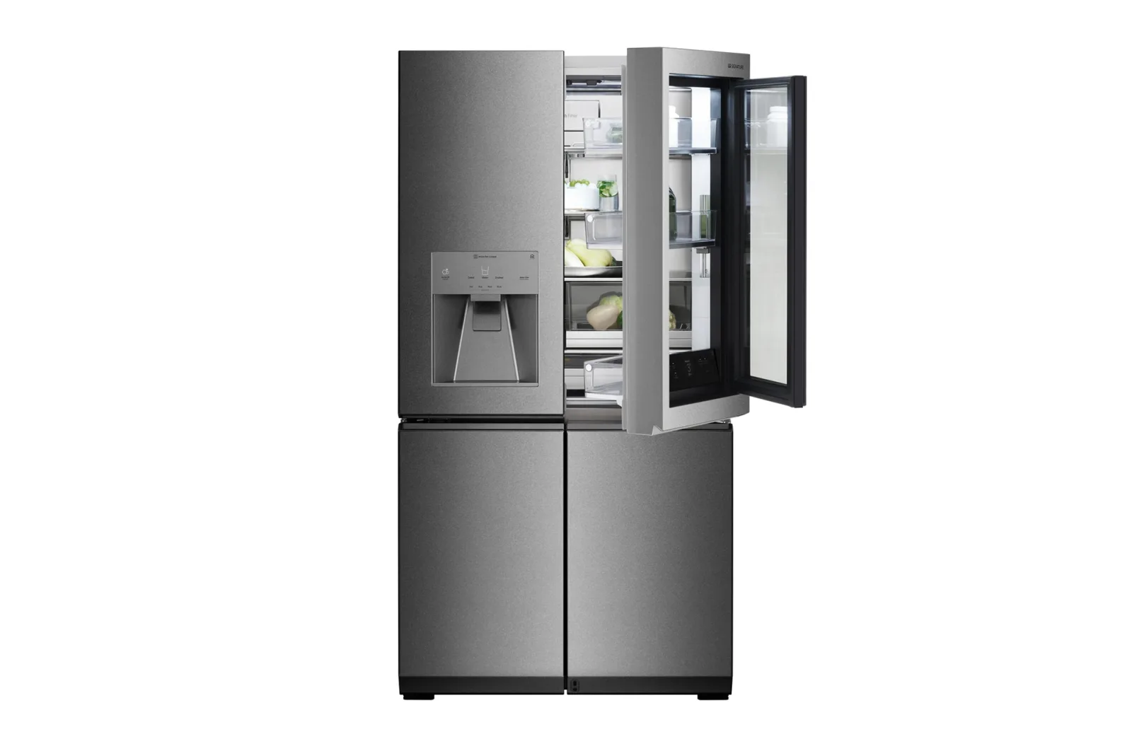 A dark grey brushed metallic french door refrigerator is shown against a white background with one upper door open to reveal a glass-panel compartment.