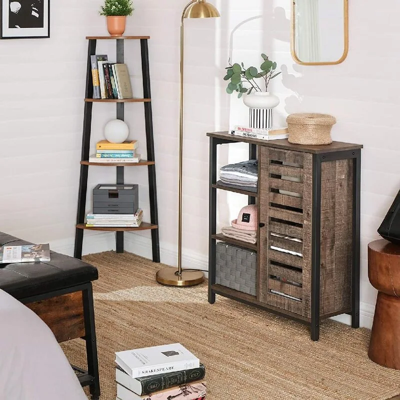 An industrial-style corner with a rustic wood and metal ladder shelf, a matching slatted storage cabinet, and a brass floor lamp on a jute rug.